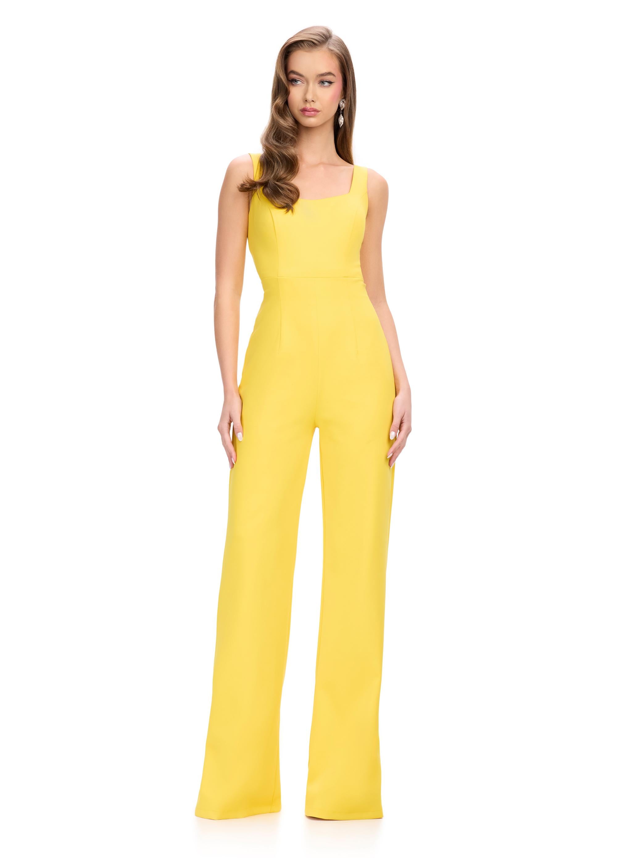Front. ASHLEYlauren 11760 Yellow Scuba Jumpsuit with Spaghetti Straps and Removable Ruffle-Accented Jacket for a Bold, Stylish Look