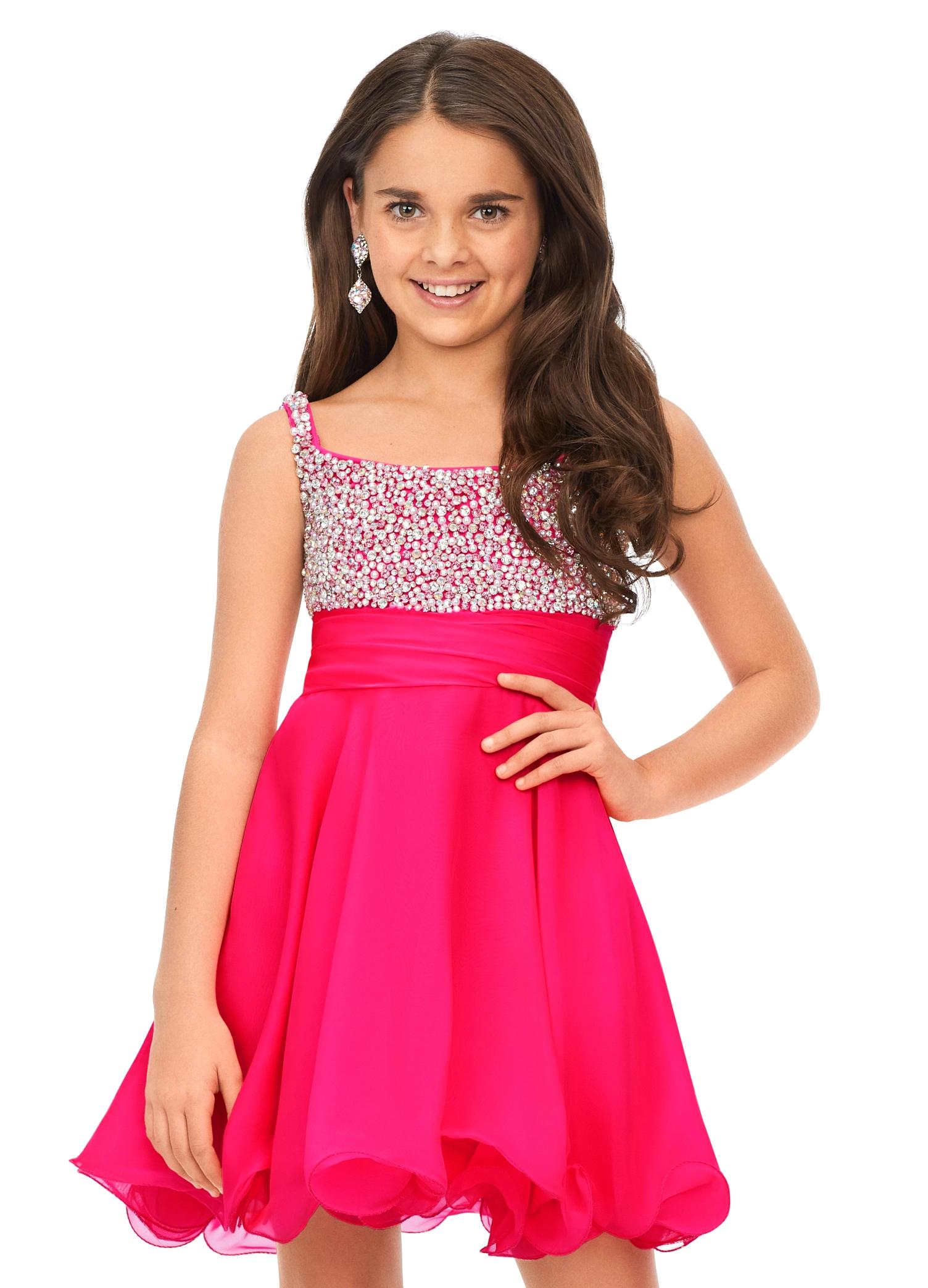 Front. ASHLEYlauren Kids 8160 hot pink chiffon cocktail dress featuring a scoop neckline, beaded bustier, ruched waist detail, and A-line skirt for a fun and elegant look.