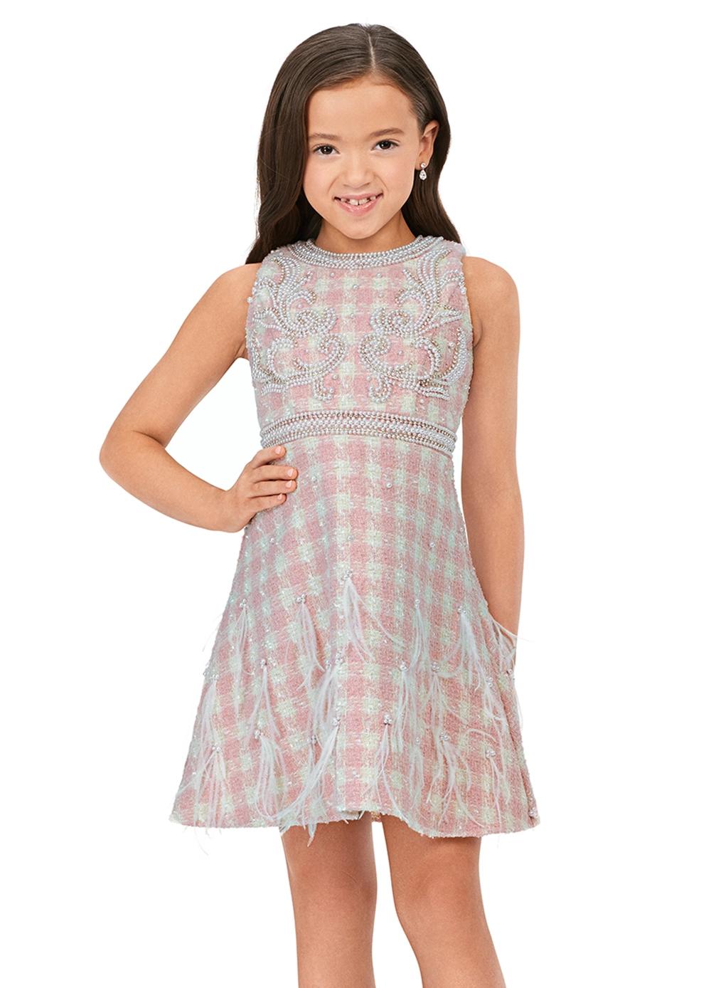 Front. ASHLEYlauren Kids 8215 Pink Tweed Cocktail Dress with Feathers and Beaded Details