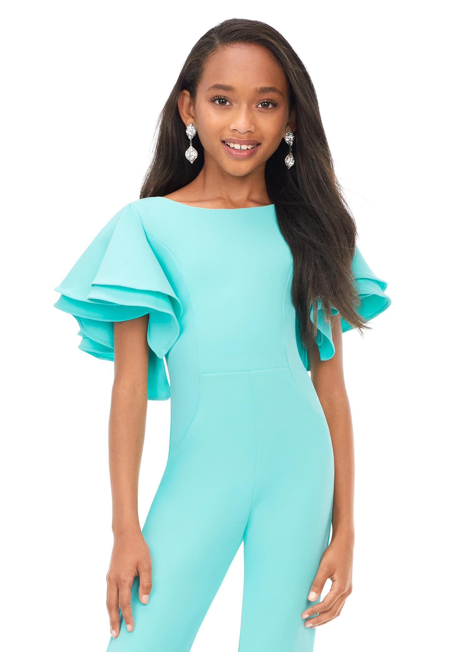 Front. Aqua. ASHLEYlauren Kids 8156 versatile scuba jumpsuit featuring a classic crew neckline, playful ruffle sleeves, and flare bottom pants for a fun and stylish look.