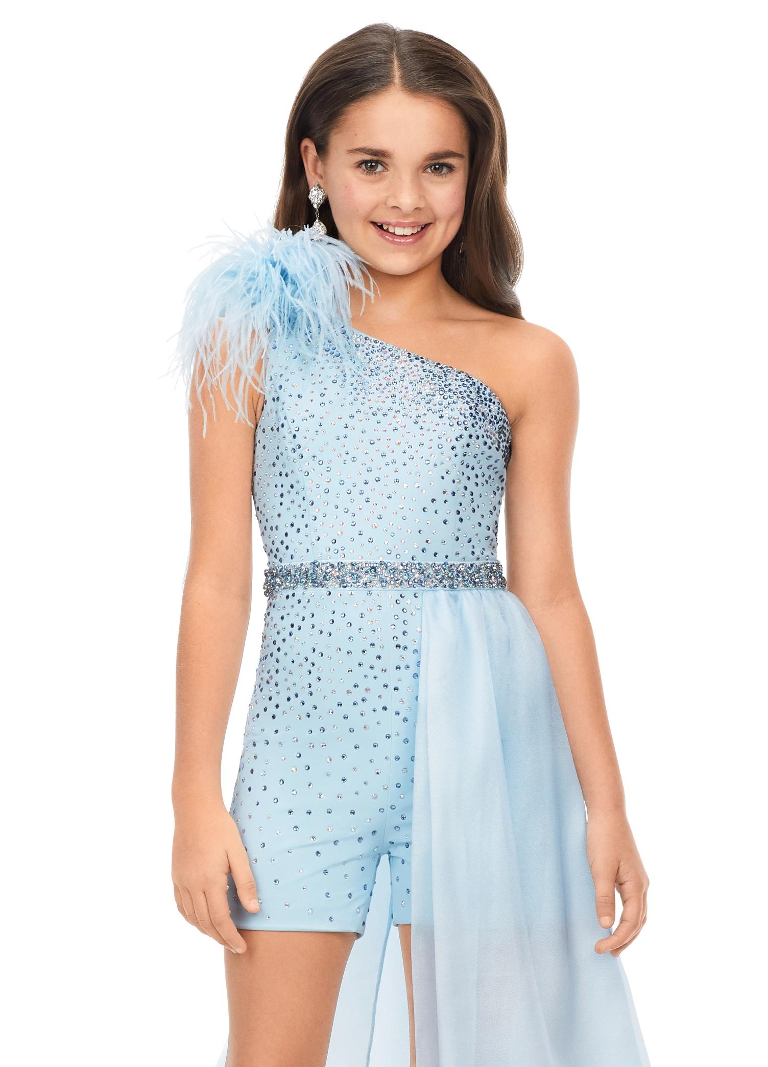 Front. Aqua ASHLEYlauren Kids 8177 One Shoulder Scuba Romper with Feather Details and Organza Side Skirt