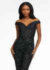 Front. Black ASHLEYlauren 11175 Fully Hand-Beaded Off-Shoulder Jumpsuit with V-Neckline and Straight Leg Pants