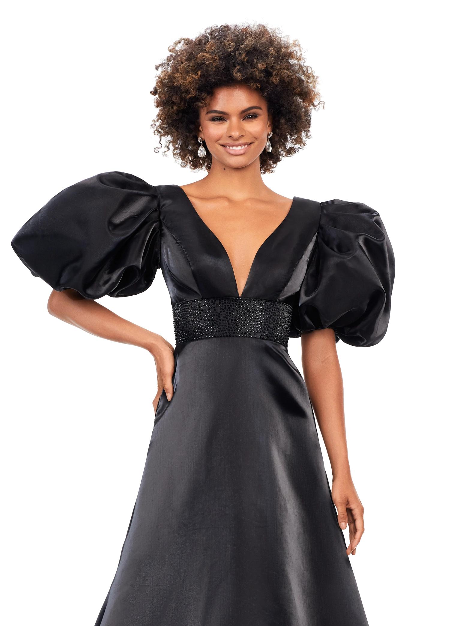 Front. Black ASHLEYlauren 11378 Elegant Shimmer Satin A-Line Gown with V-Neckline, V-Back, Oversized Puff Sleeves, and Heat Set Detailed Waistband