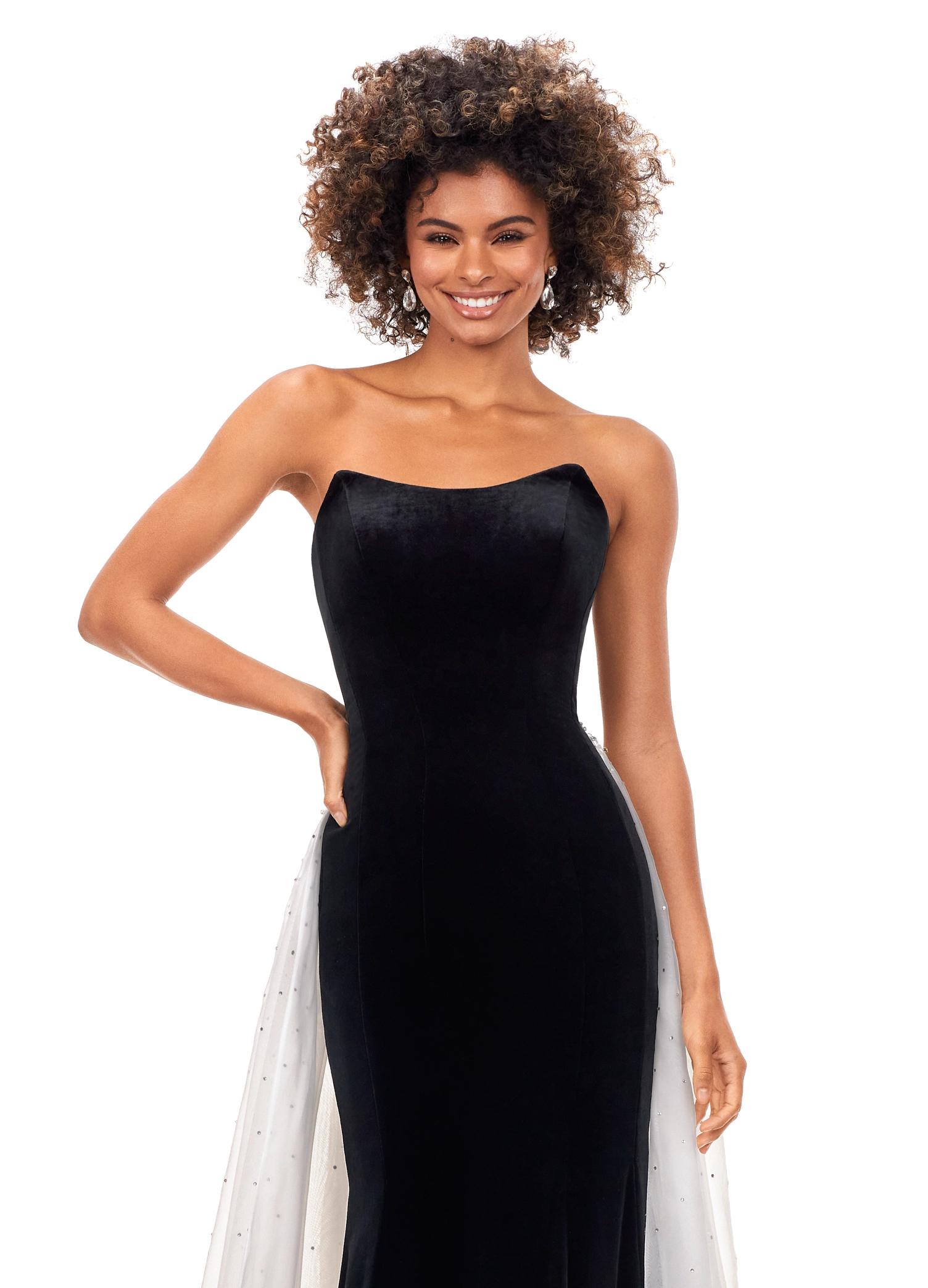 Front. Black/Ivory ASHLEYlauren 11311 stretch velvet gown featuring a strapless sweetheart bustier, crystal-embellished organza overskirt, and cascading crystal details for an elegant and luxurious look.
