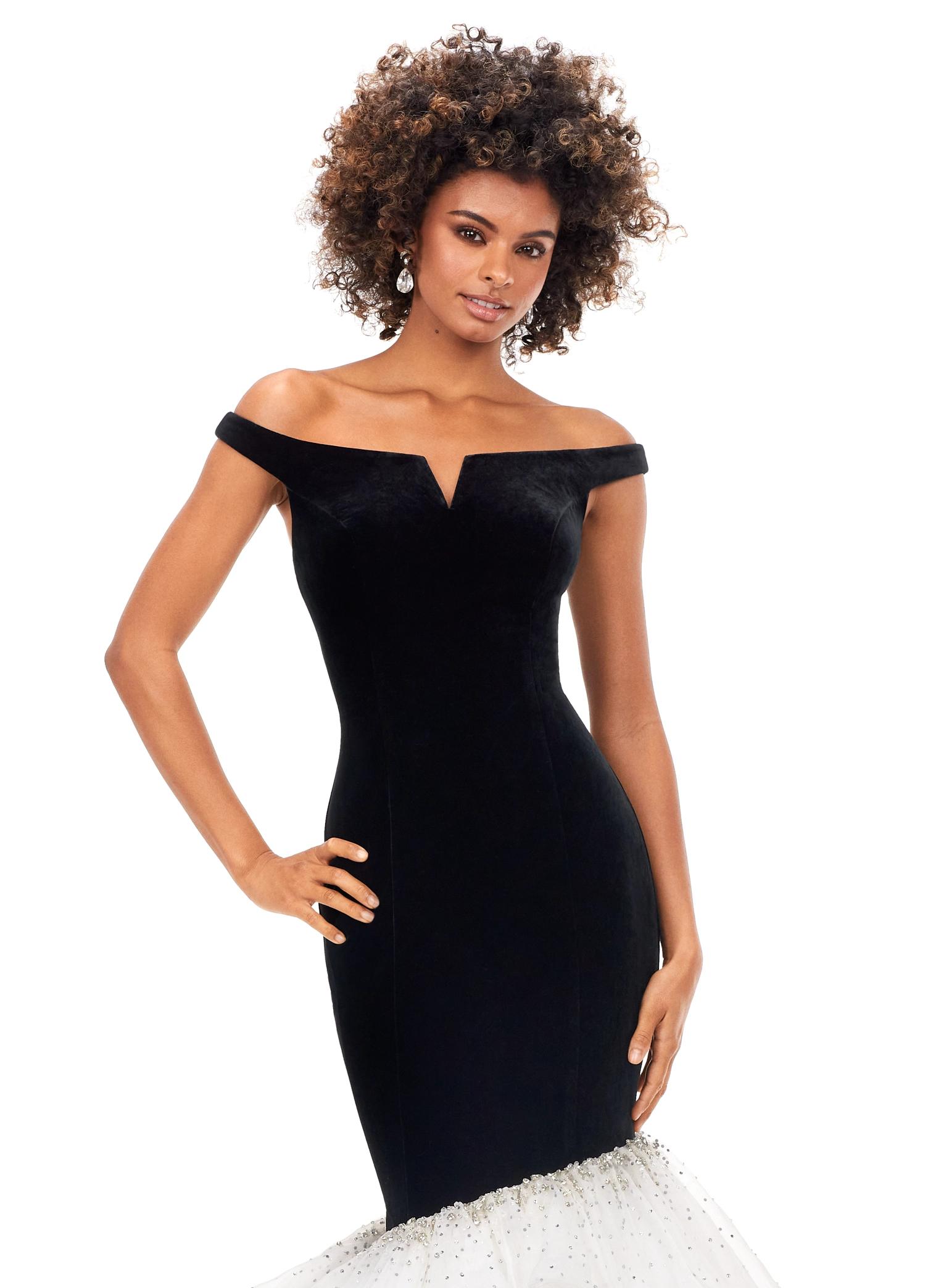 Front. Black/Ivory ASHLEYlauren 11312 off shoulder velvet gown featuring a princess-seamed bodice, asymmetric organza ruffle fit and flare skirt, cascading crystal accents, and a sweep train for a dramatic and elegant look.