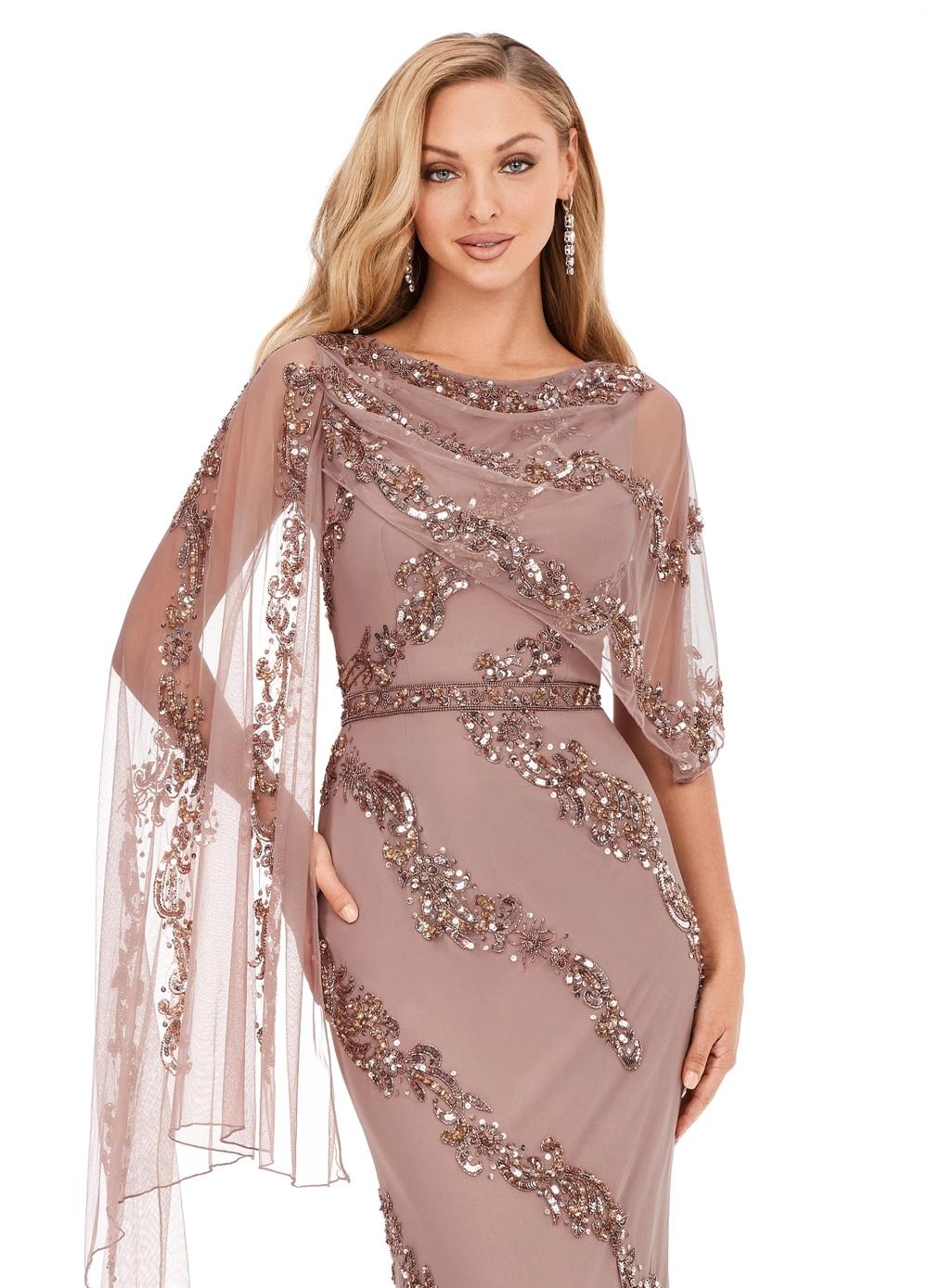 Front. Dark Taupe ASHLEYlauren 11213 Elegant Hand Beaded Gown with Crew Neckline, Intricate Bead Motif, Asymmetrical Overlay Detail, and High Back