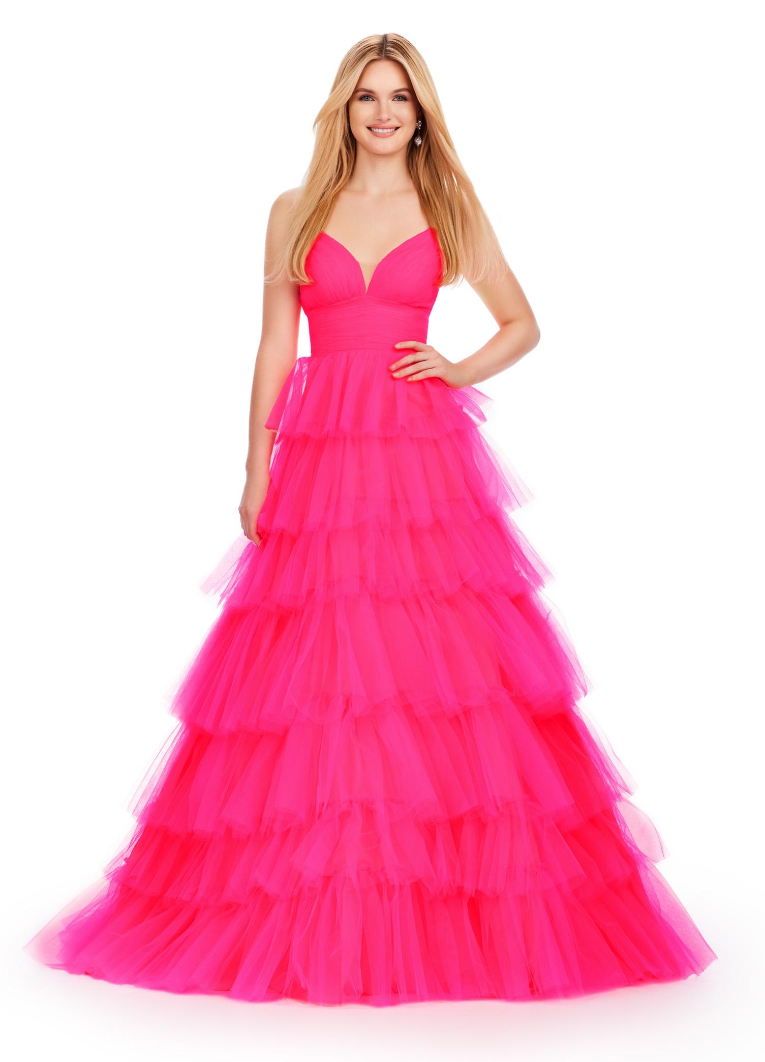 Front. Electric Coral ASHLEYlauren 11622 Tulle Ball Gown with Sweetheart Neckline, Ruched Bustier, Spaghetti Straps, and Tiered Tulle Skirt