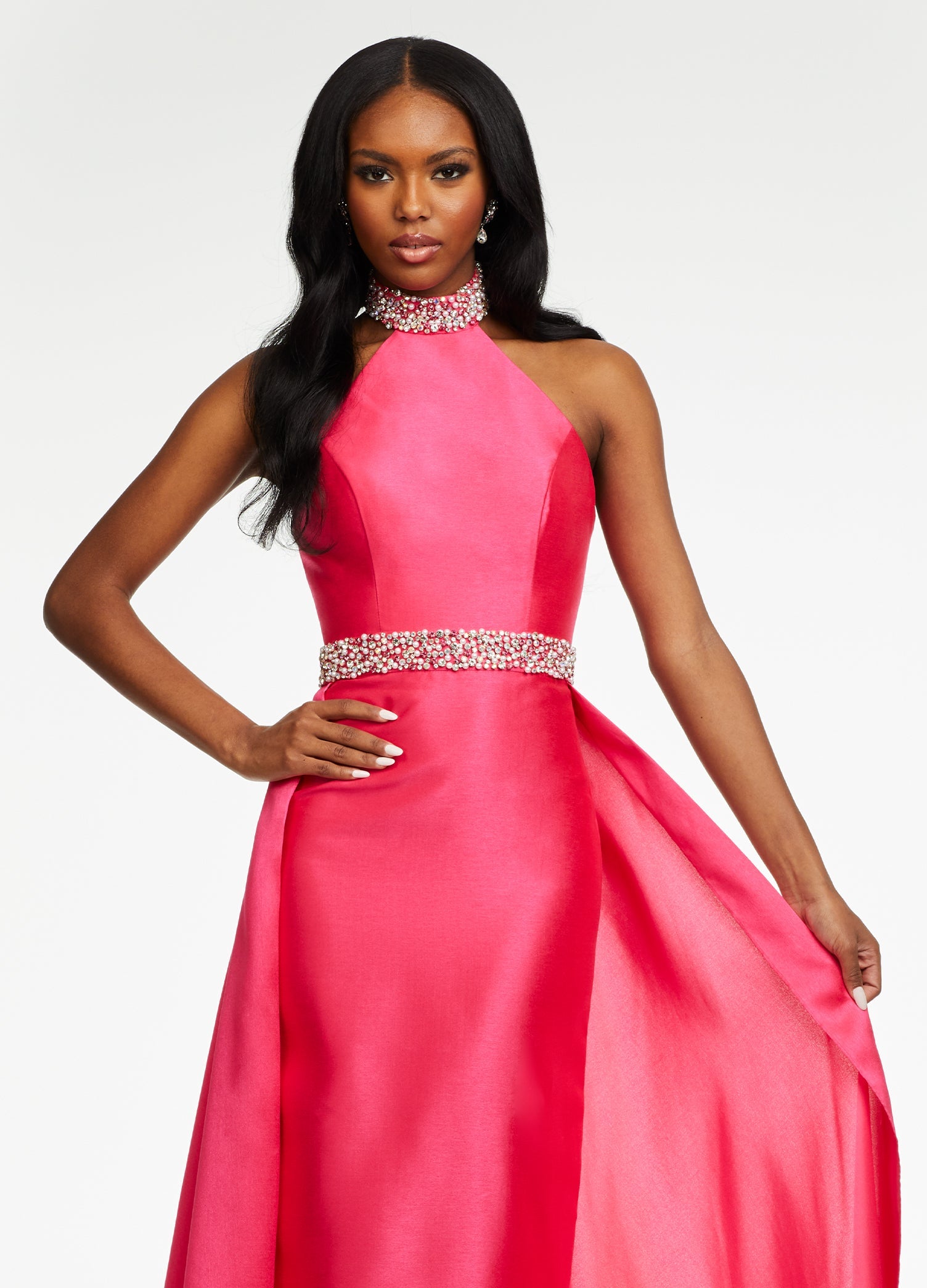 Front. Fuchsia ASHLEYlauren 11148 High Neck Mikado Column Gown with Open Back, Beaded Neckline and Belt, and Attached Overskirt