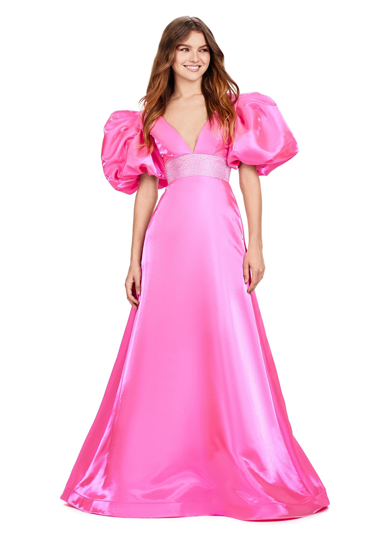 ASHLEYlauren 11379 | Hot-Pink Elegant Shimmer Satin A-Line Gown with V-Neckline, V-Back, Oversized Puff Sleeves, and Heat Set Detailed Waistband