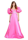 ASHLEYlauren 11379 | Hot-Pink Elegant Shimmer Satin A-Line Gown with V-Neckline, V-Back, Oversized Puff Sleeves, and Heat Set Detailed Waistband