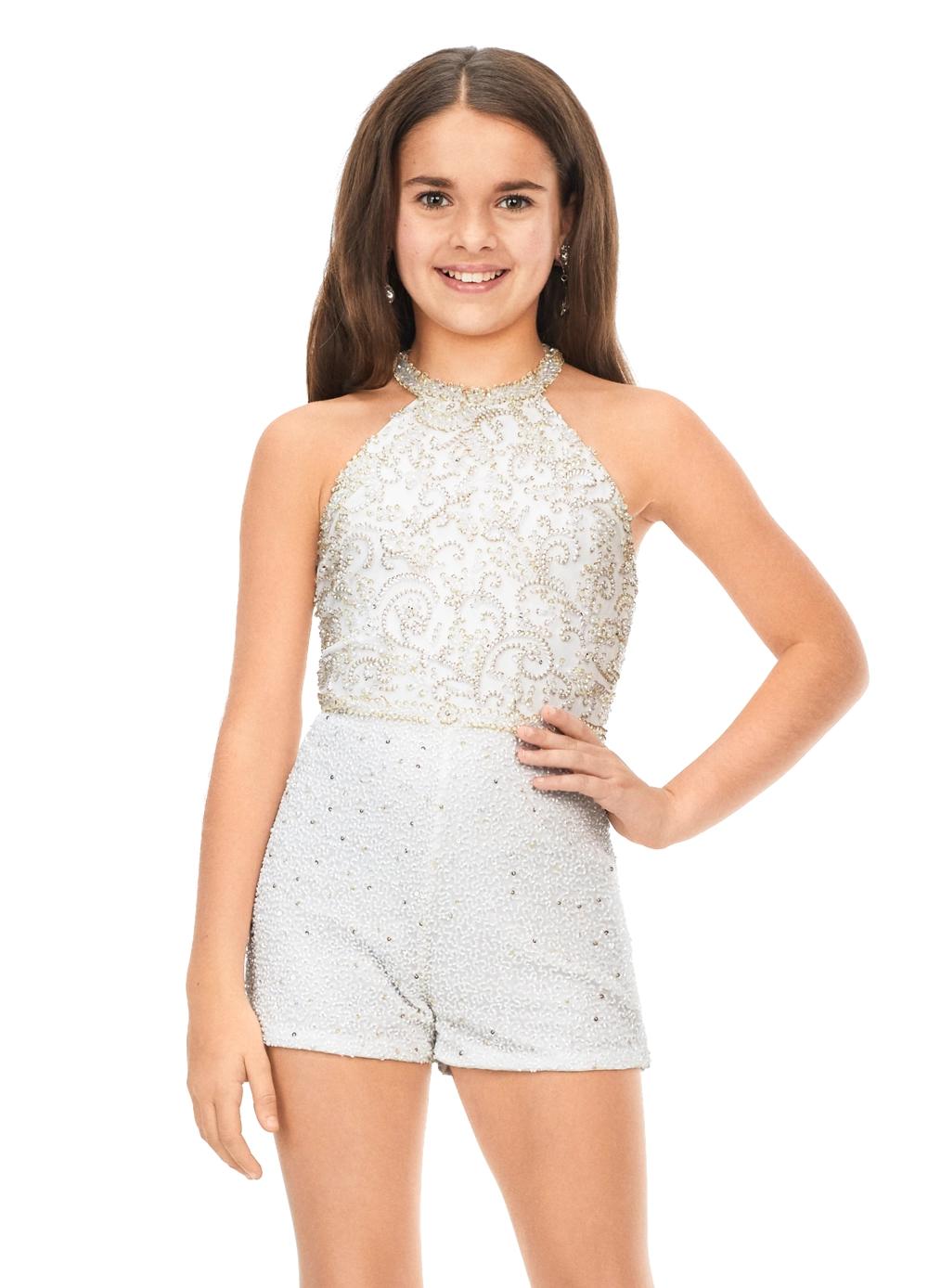 Front. Ivory ASHLEYlauren Kids 8187 Hand Beaded Halter Romper with Beaded Bodice and Shorts