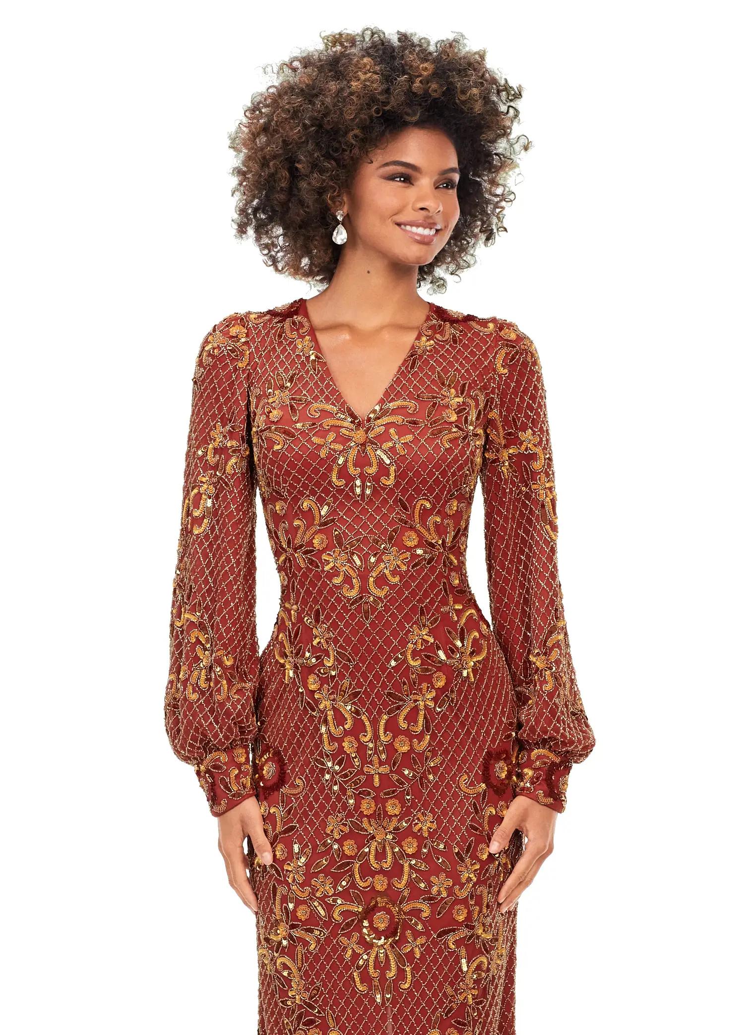 Front. Light Amber ASHLEYlauren 11193 Ultra Chic Fully Sequin Gown with Ornate Beading, V-Neckline, Bishop Sleeves, High Zip Back, and Center Back Vent Slit