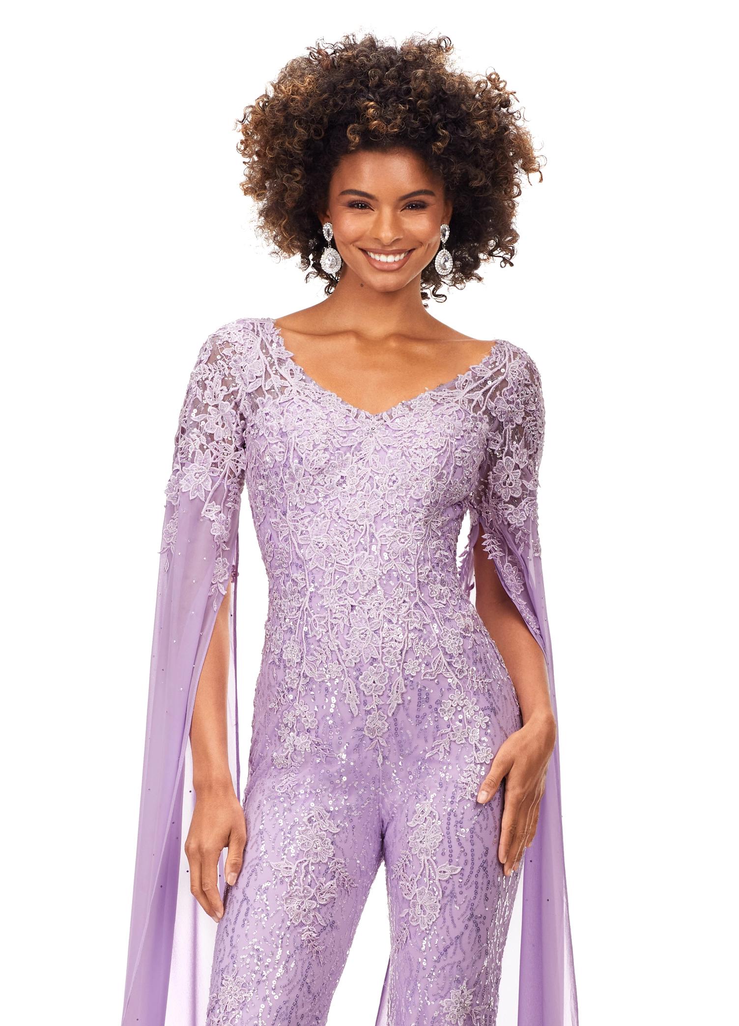 Front. Lilac ASHLEYlauren 11254 statement-making jumpsuit featuring a V-neckline bustier, intricate lace applique, sequin embellishments, and dramatic chiffon floor-length sleeves for a bold and glamorous entrance.
