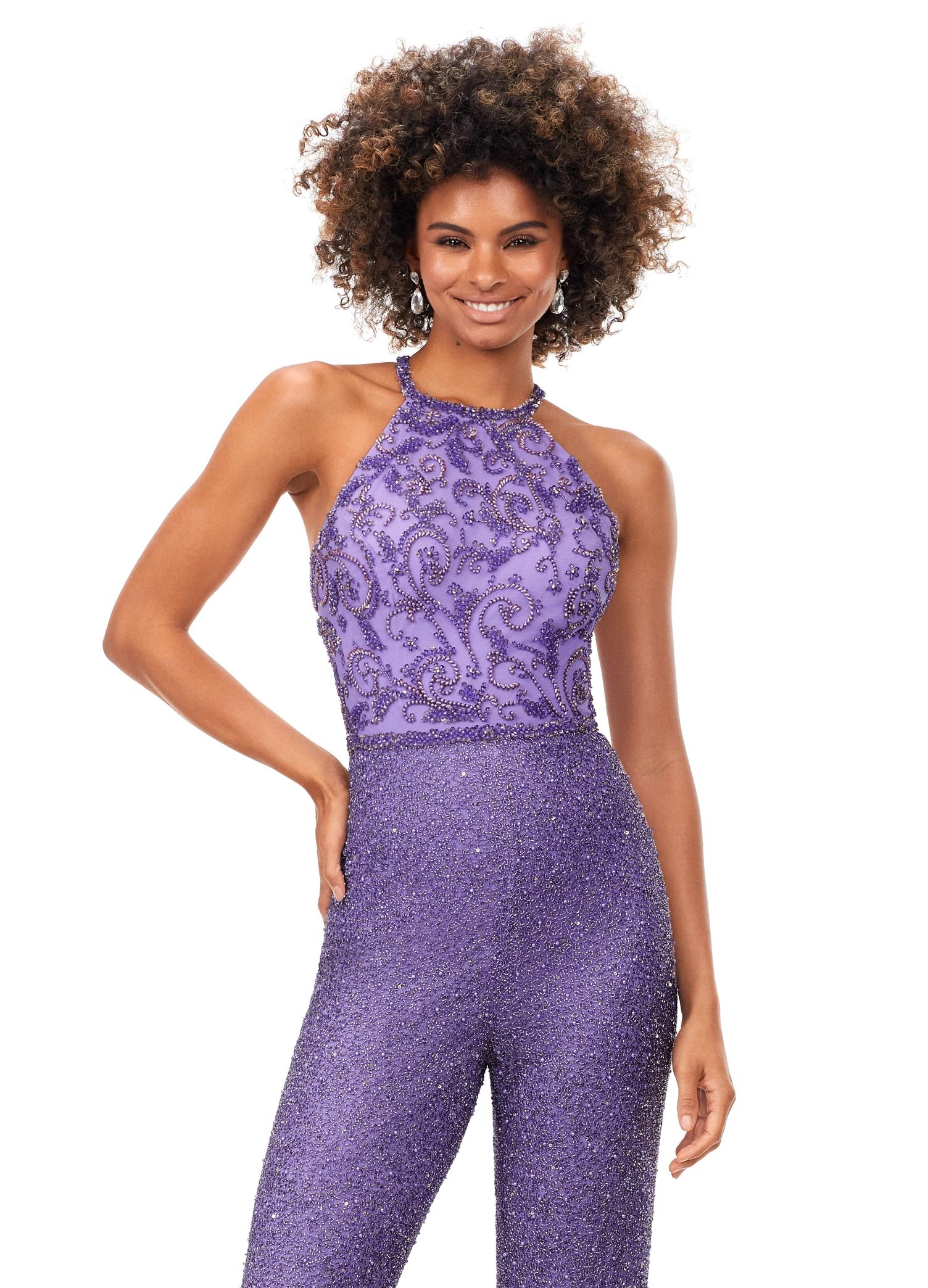 Front. Lilac ASHLEYlauren 11339 unique halter-style jumpsuit featuring an intricately hand-beaded bodice, open back, and flowing wide-leg pants for a bold and sophisticated statement look.