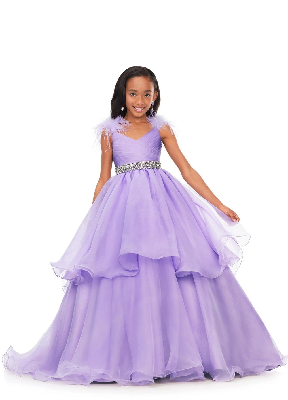 Front. Lilac ASHLEYlauren Kids 8184 Organza Ball Gown with Feather Shoulders and Crystal Waistline