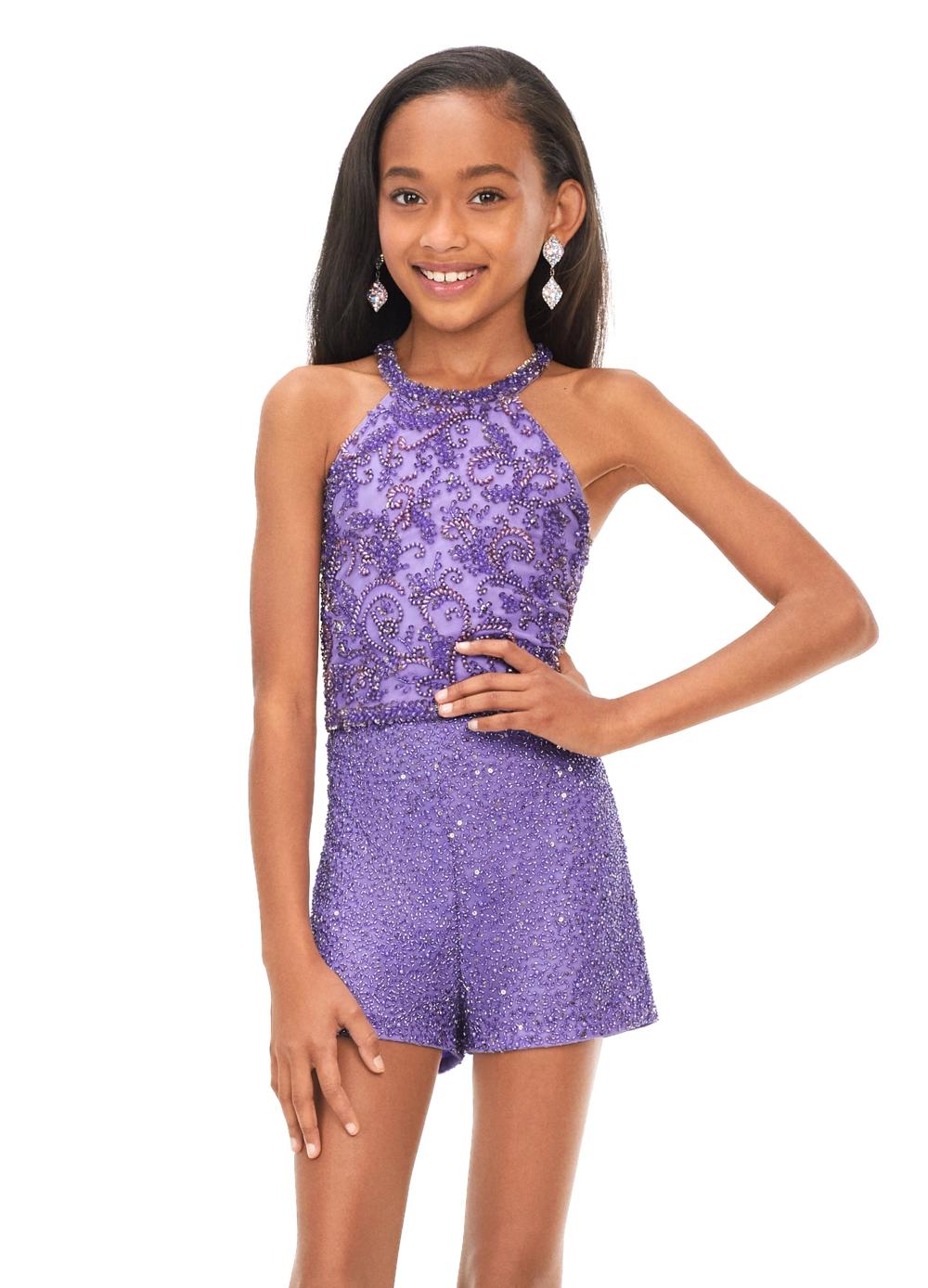 Front. Lilac ASHLEYlauren Kids 8187 Hand Beaded Halter Romper with Beaded Bodice and Shorts