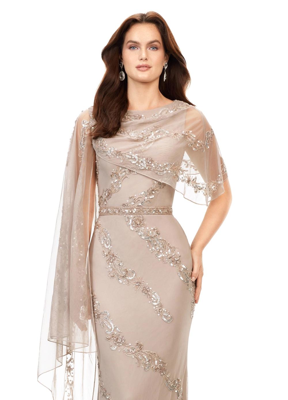 Front. Marble ASHLEYlauren 11213 Elegant Hand Beaded Gown with Crew Neckline, Intricate Bead Motif, Asymmetrical Overlay Detail, and High Back