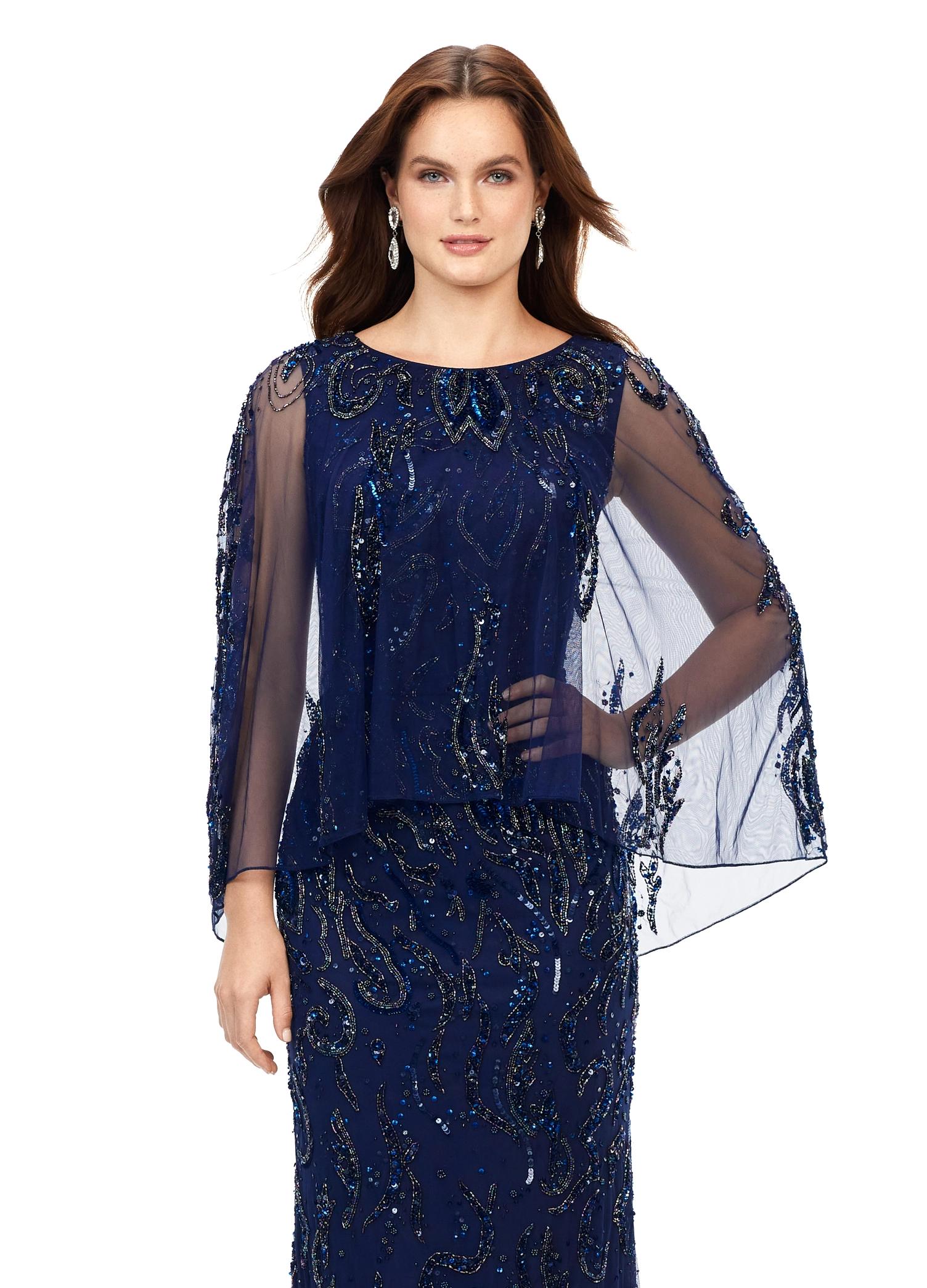 Front. Navy ASHLEYlauren 11214 Timeless Hand Beaded Gown with Crew Neckline, Sparkling Sequin Motif, Sheer Overlay, and High Back for an Elegant Look
