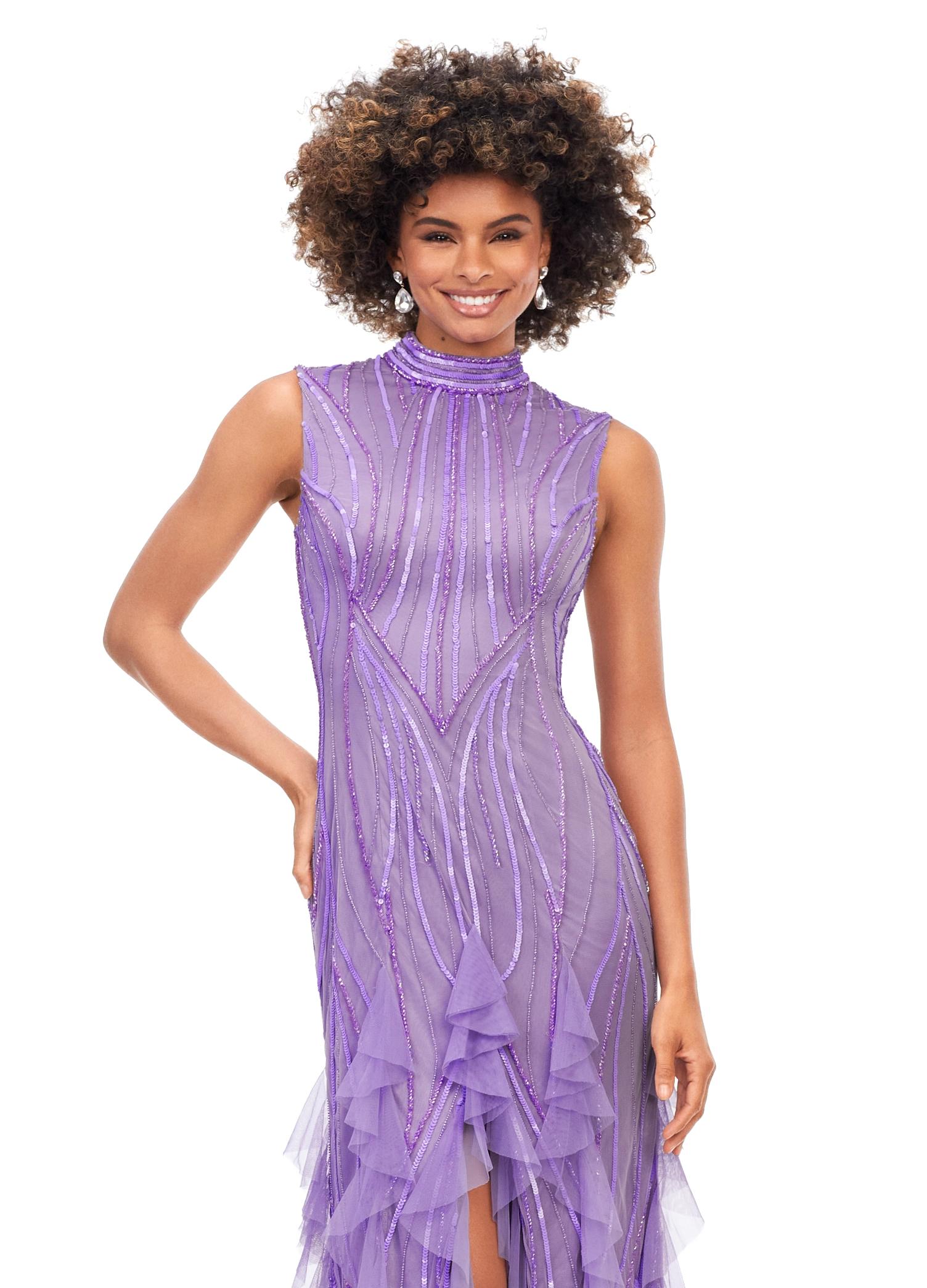 Front. Orchid ASHLEYlauren 11198 Elegant Hand Beaded Gown with High Neckline, Cap Sleeves, Intricate Beading, and Ruffled Skirt Accents