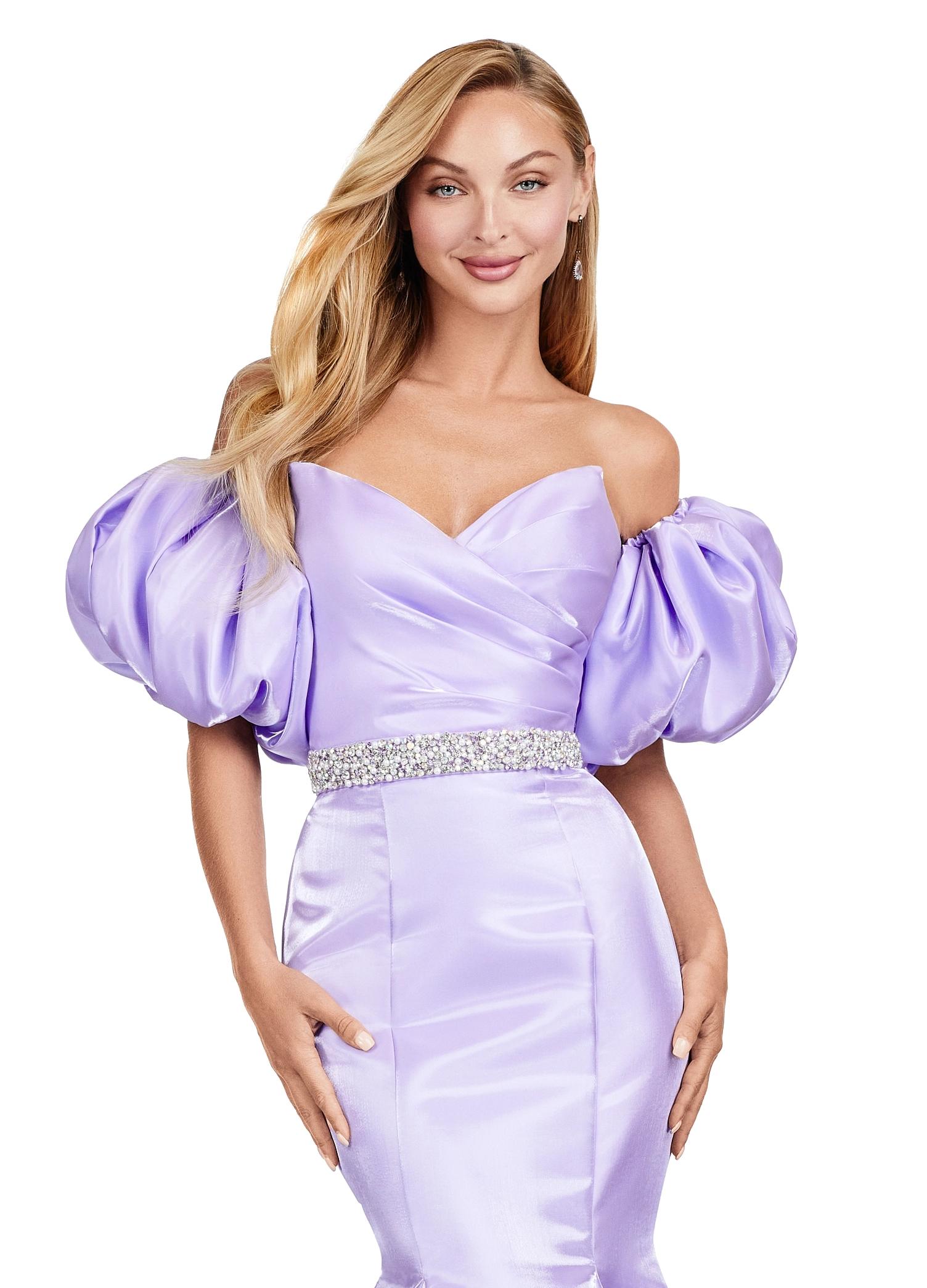 Front. Orchid ASHLEYlauren 11419 Strapless Satin Gown with Sweetheart Neckline, Voluminous Puff Sleeves, Mermaid Silhouette, and Sparkling Jeweled Belt