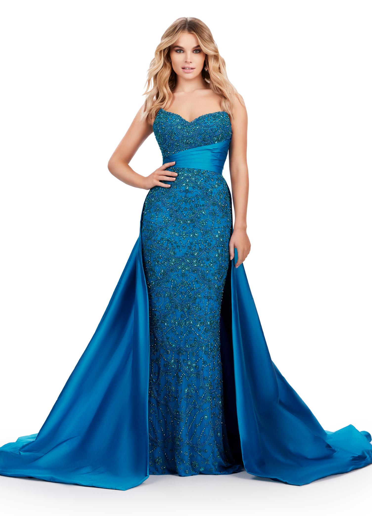 Front. Peacock ASHLEYlauren 11571 Strapless Velvet Bustier Ball Gown with Sweetheart Neckline, Beaded Column Dress, and Taffeta Belt with Overskirt
