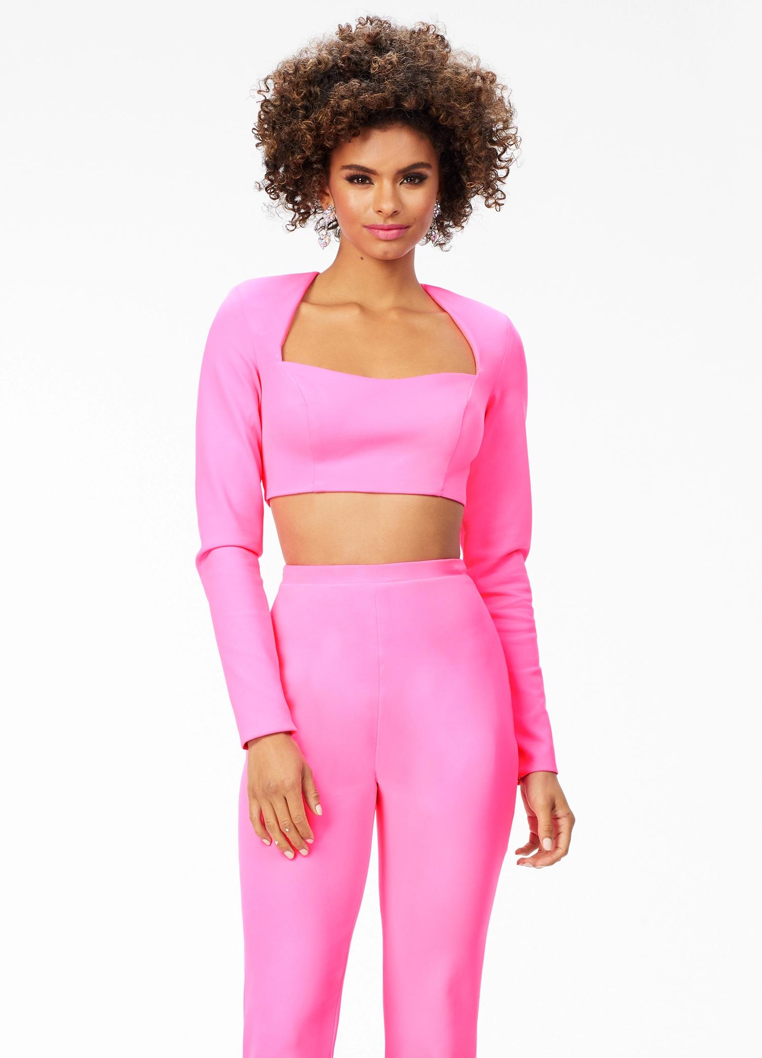 Front. Pink ASHLEYlauren 11220 Two-Piece Scuba Jumpsuit with Square Neckline, Long Sleeves, and Fit & Flare Pants