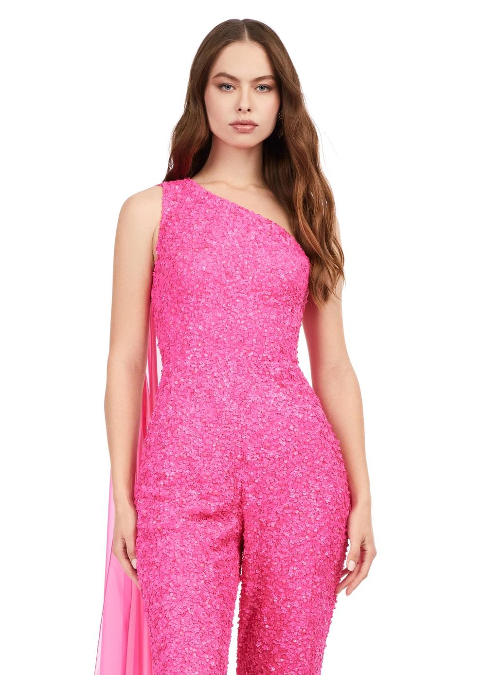 ASHLEYlauren 11384 - Sequin One-Shoulder Jumpsuit with Cape