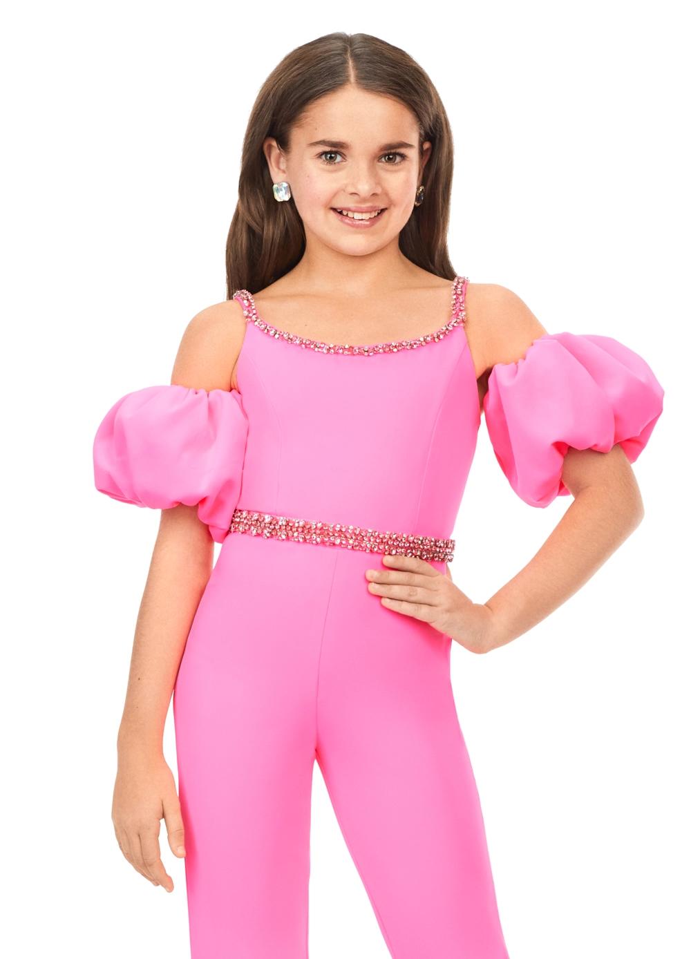 ASHLEYlauren 8164 - Scuba Jumpsuit with Puff Sleeves and