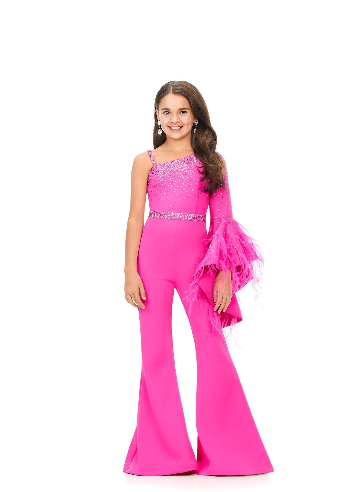 Front. Pink ASHLEYlauren Kids 8178 One Shoulder Scuba Jumpsuit with Feather Bell Sleeve and Stone Accents
