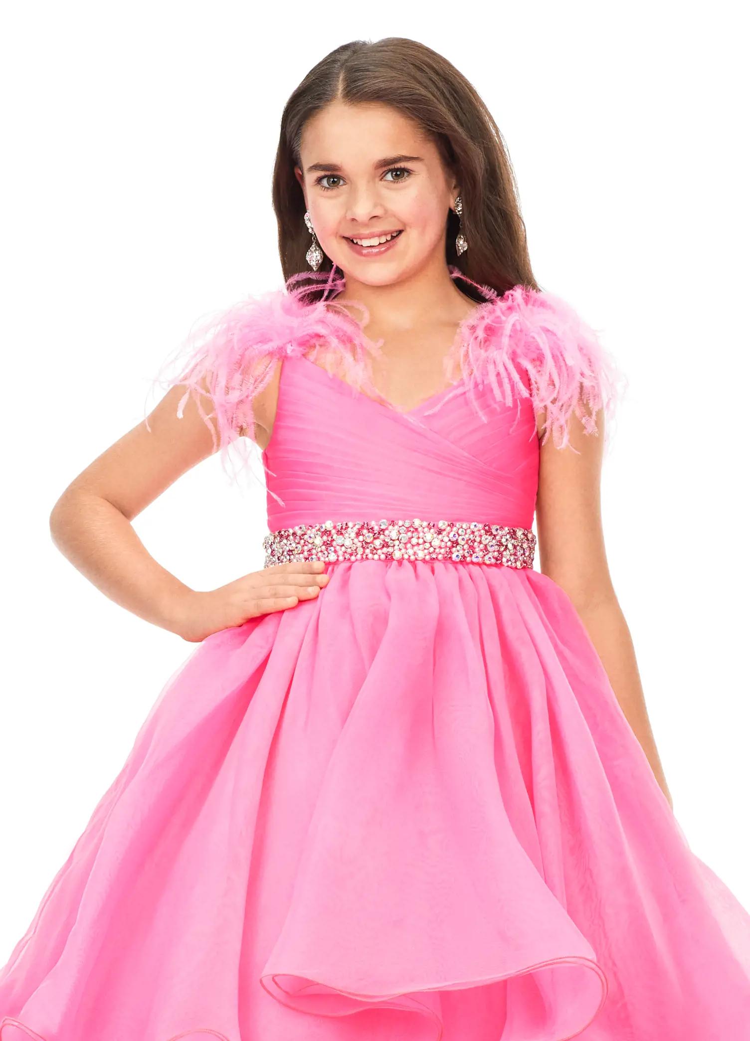 Front. Pink ASHLEYlauren Kids 8184 Organza Ball Gown with Feather Shoulders and Crystal Waistline