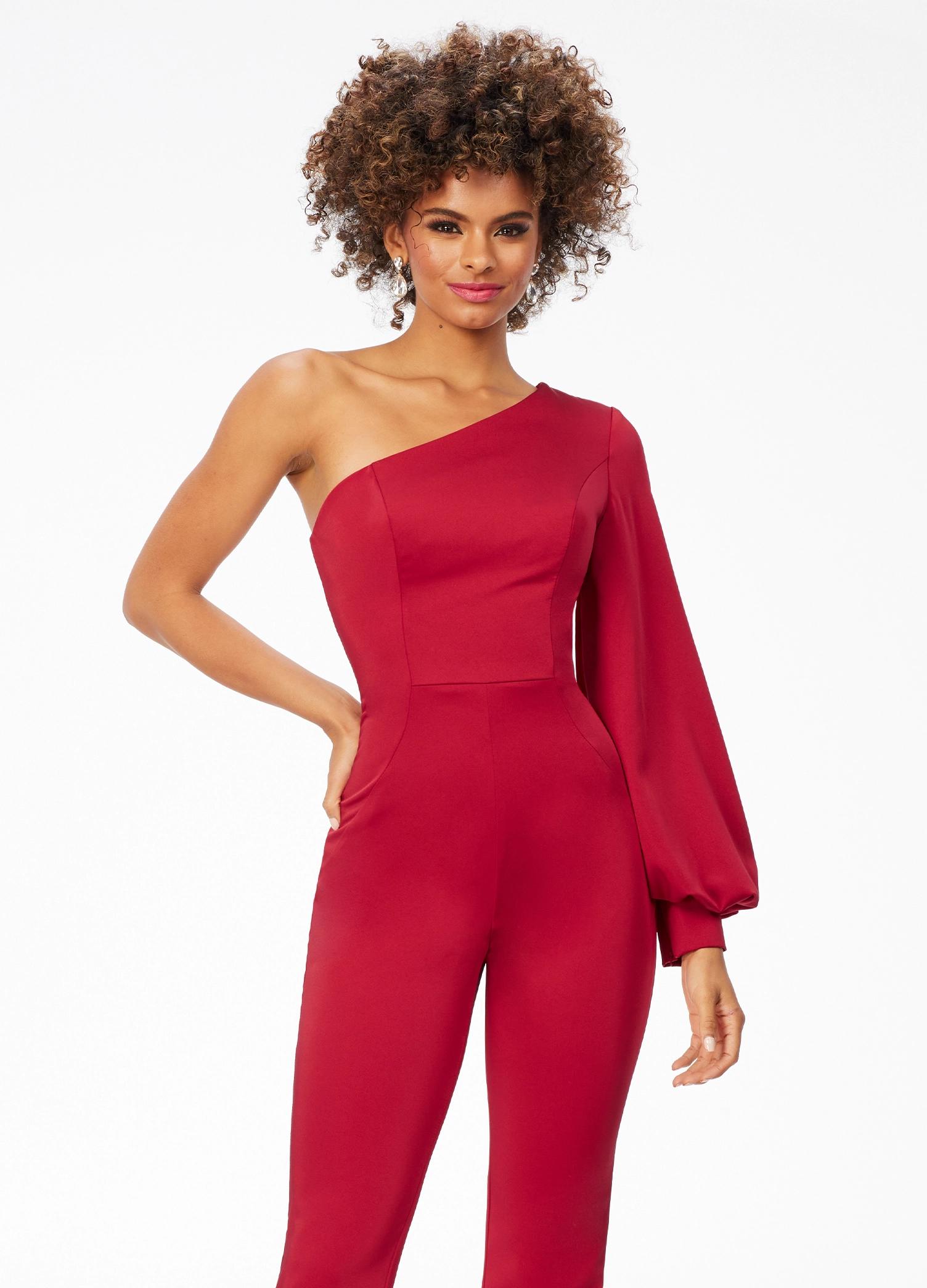 ASHLEYlauren 11168 - One shoulder crepe jumpsuit featuring a