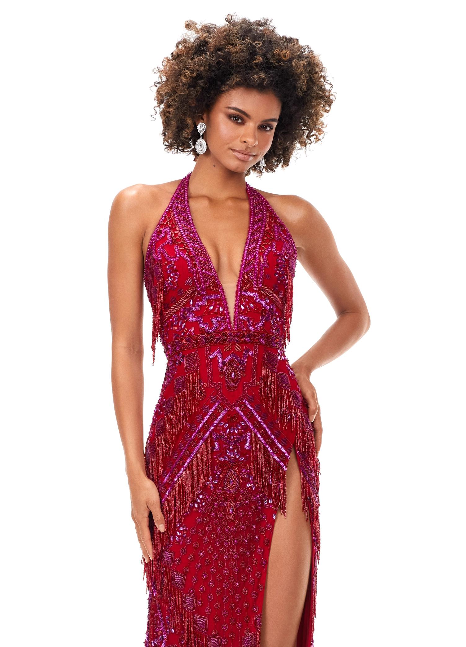 Front. Red ASHLEYlauren 11341 stunning hand-beaded gown featuring a deep V-neckline halter top, intricate bead pattern, fringe accents, an open back, and a left leg slit for a bold and glamorous look.