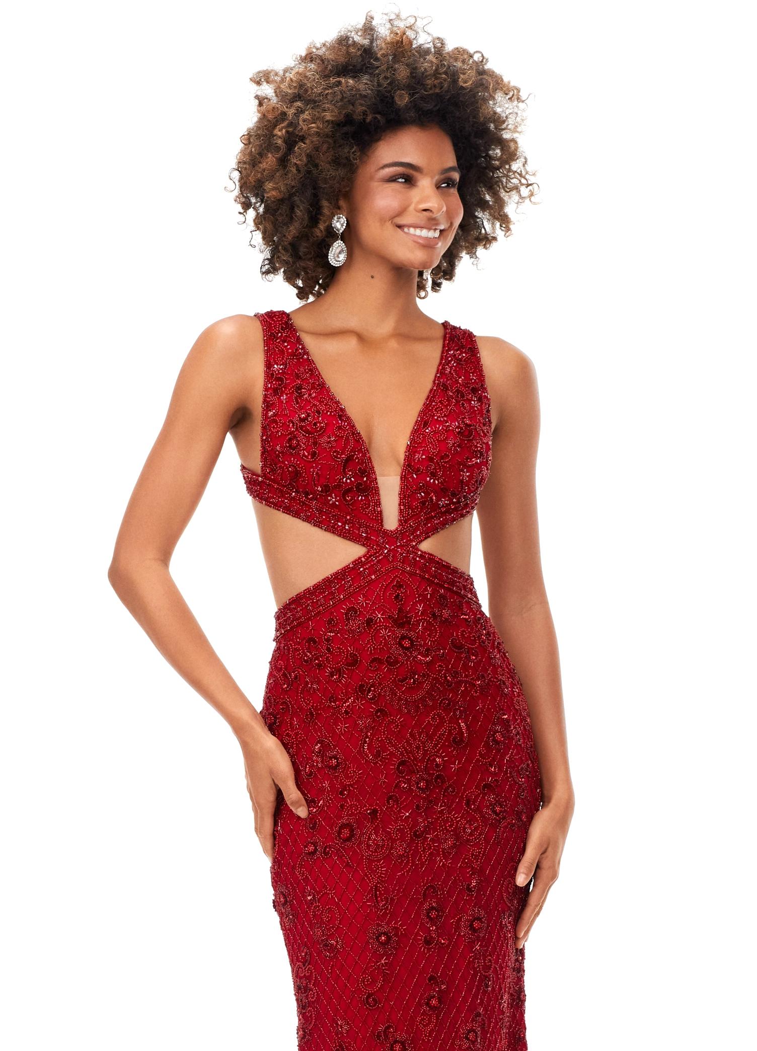 Front. Red ASHLEYlauren 11366 stunning hand-beaded gown featuring a deep V-neckline, intricate bead pattern, side cut outs, a lace-up open back, and a sweep train for a bold and glamorous statement look.