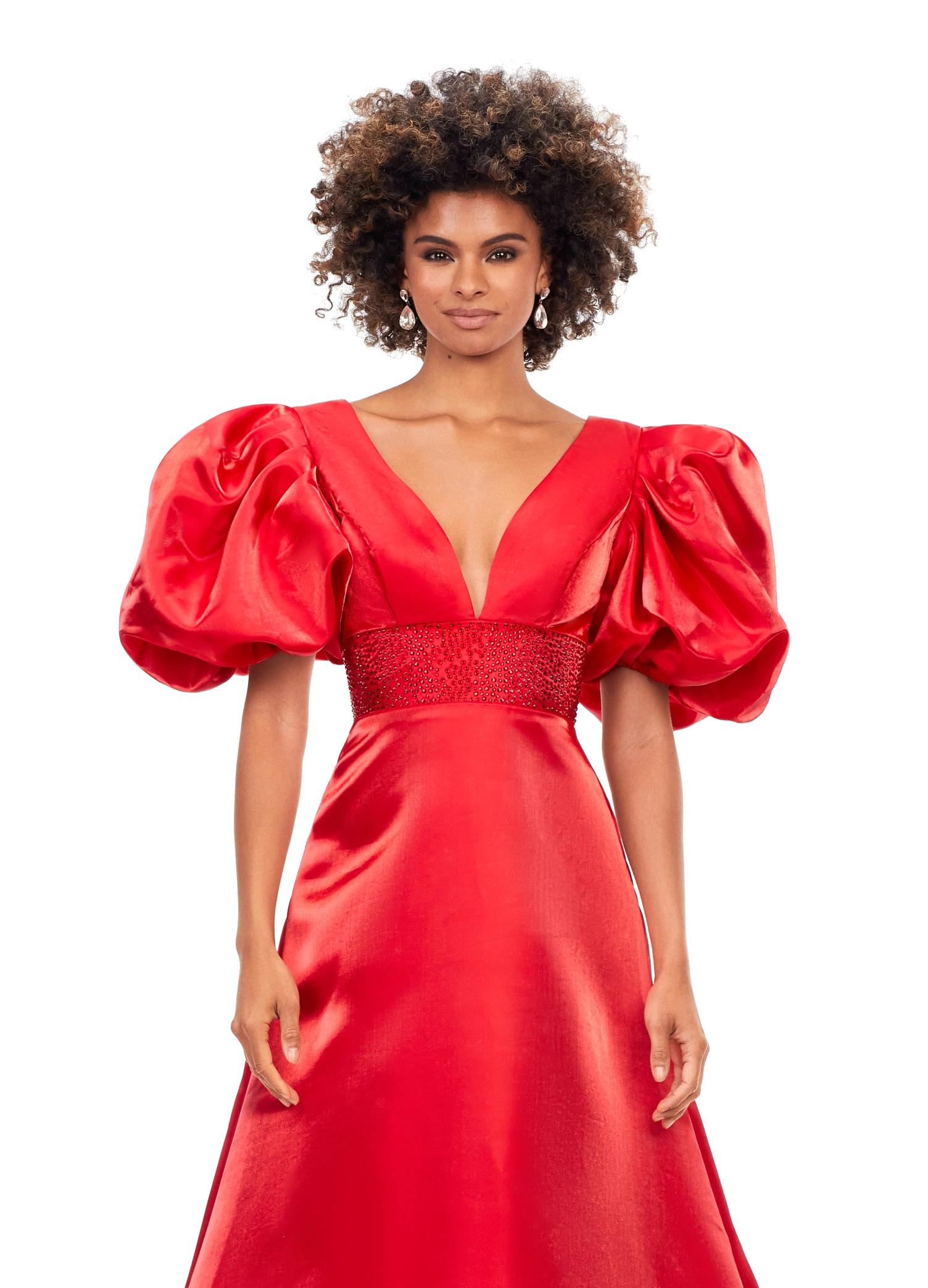 ASHLEYlauren 11379 | Red Elegant Shimmer Satin A-Line Gown with V-Neckline, V-Back, Oversized Puff Sleeves, and Heat Set Detailed Waistband