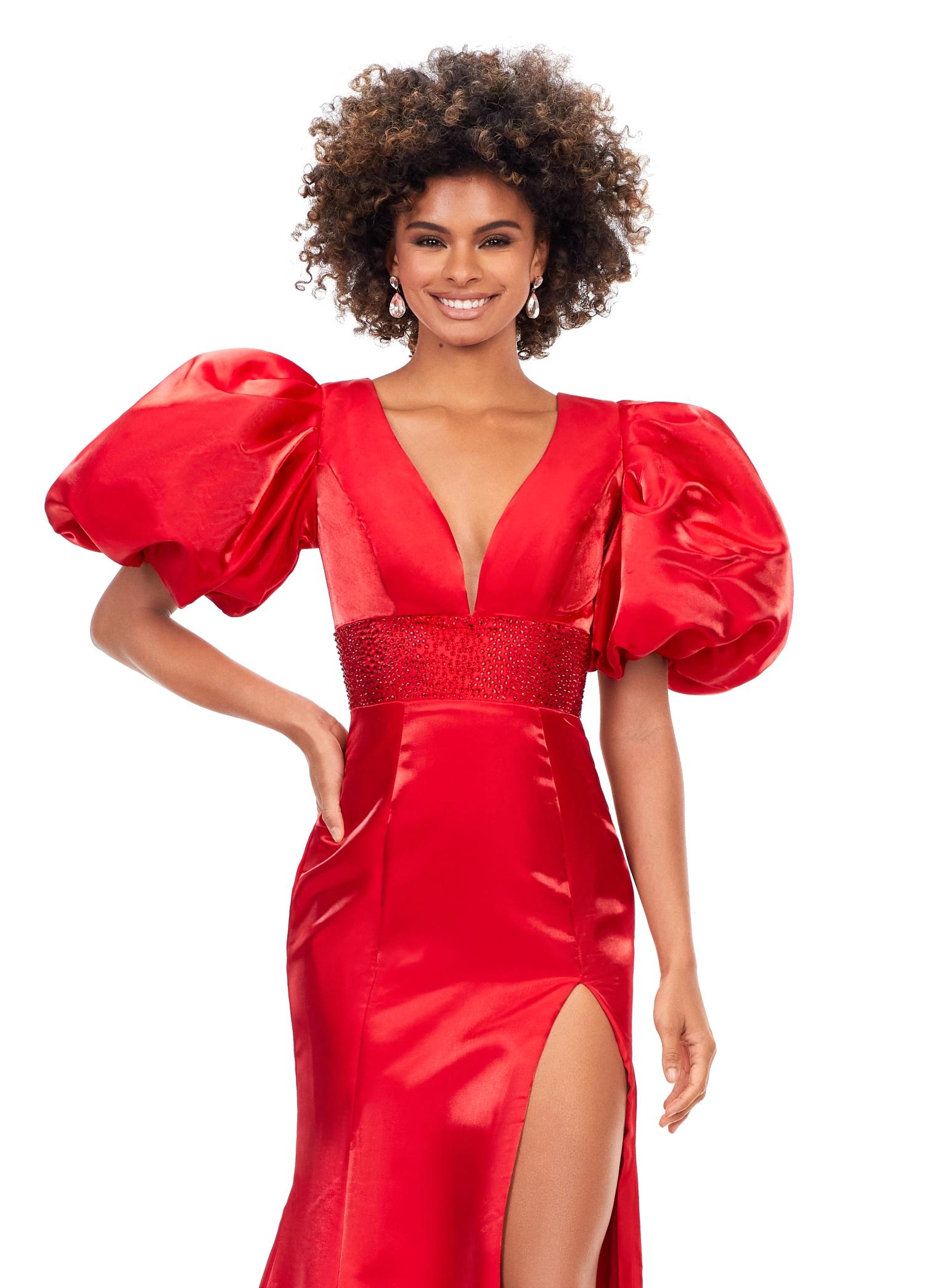 ASHLEYlauren 11379 Satin Gown with Puff Sleeves