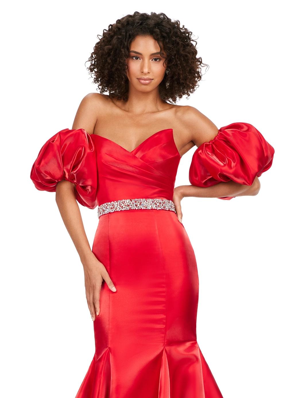 Front. Red ASHLEYlauren 11419 Strapless Satin Gown with Sweetheart Neckline, Voluminous Puff Sleeves, Mermaid Silhouette, and Sparkling Jeweled Belt