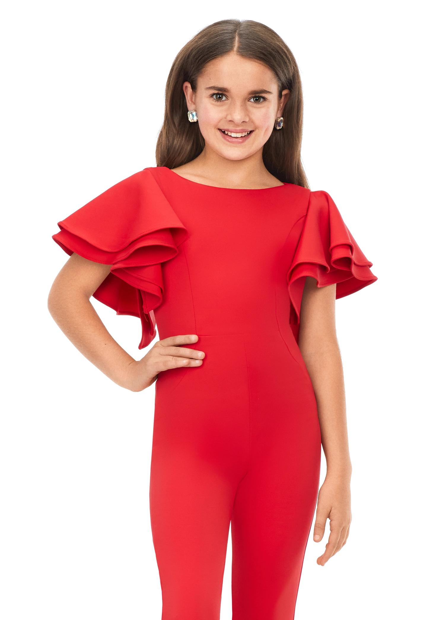 Front. Red ASHLEYlauren Kids 8156 versatile scuba jumpsuit featuring a classic crew neckline, playful ruffle sleeves, and flare bottom pants for a fun and stylish look.