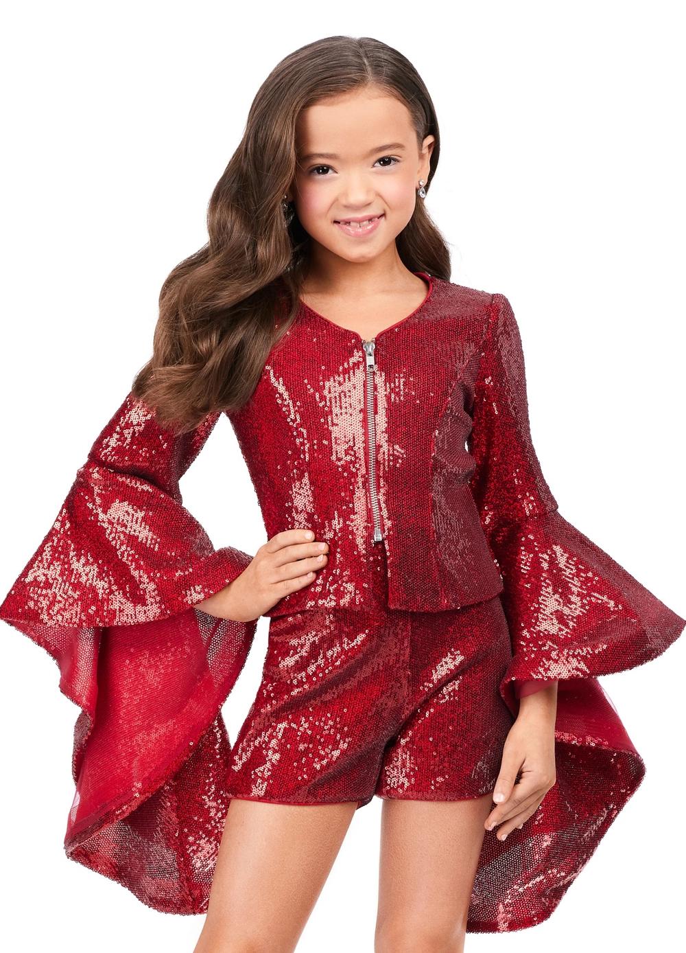Front. Red ASHLEYlauren Kids 8188 Sequin Two-Piece Romper with Bell Sleeve
