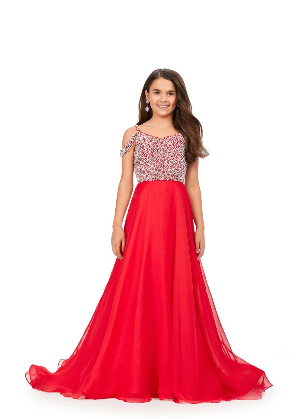Front. Red ASHLEYlauren Kids 8220 Off Shoulder Gown with Beaded Bustier and Chiffon A-Line Skirt