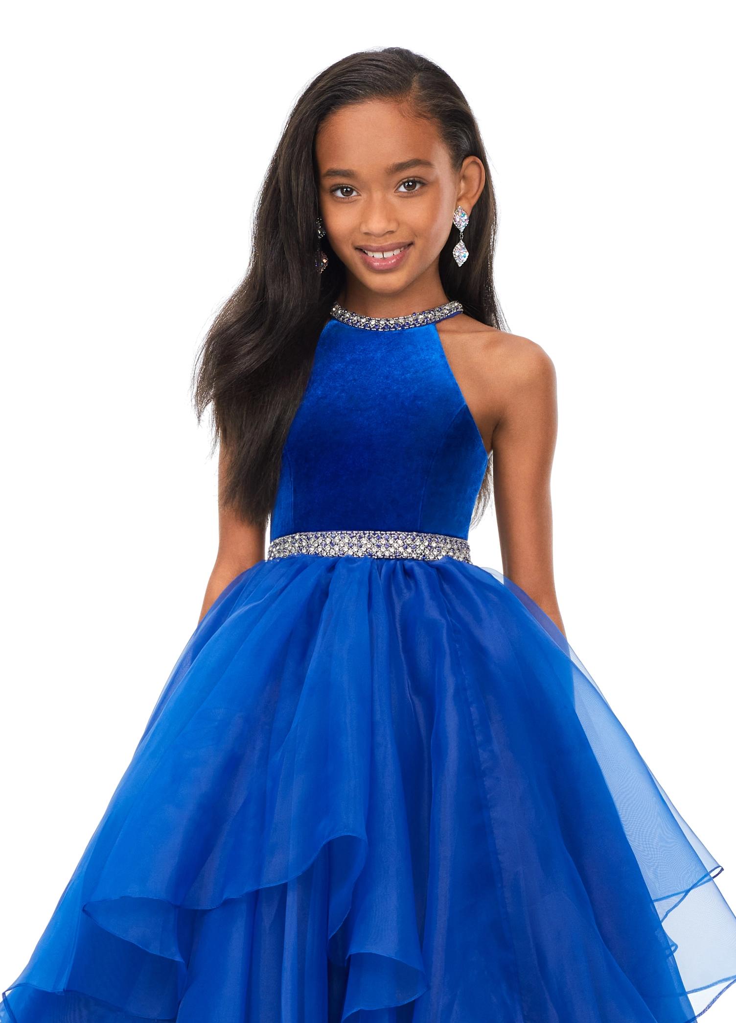 Front. Royal ASHLEYlauren Kids 8179 Halter Ball Gown with Velvet Bodice and Crystal Details. 