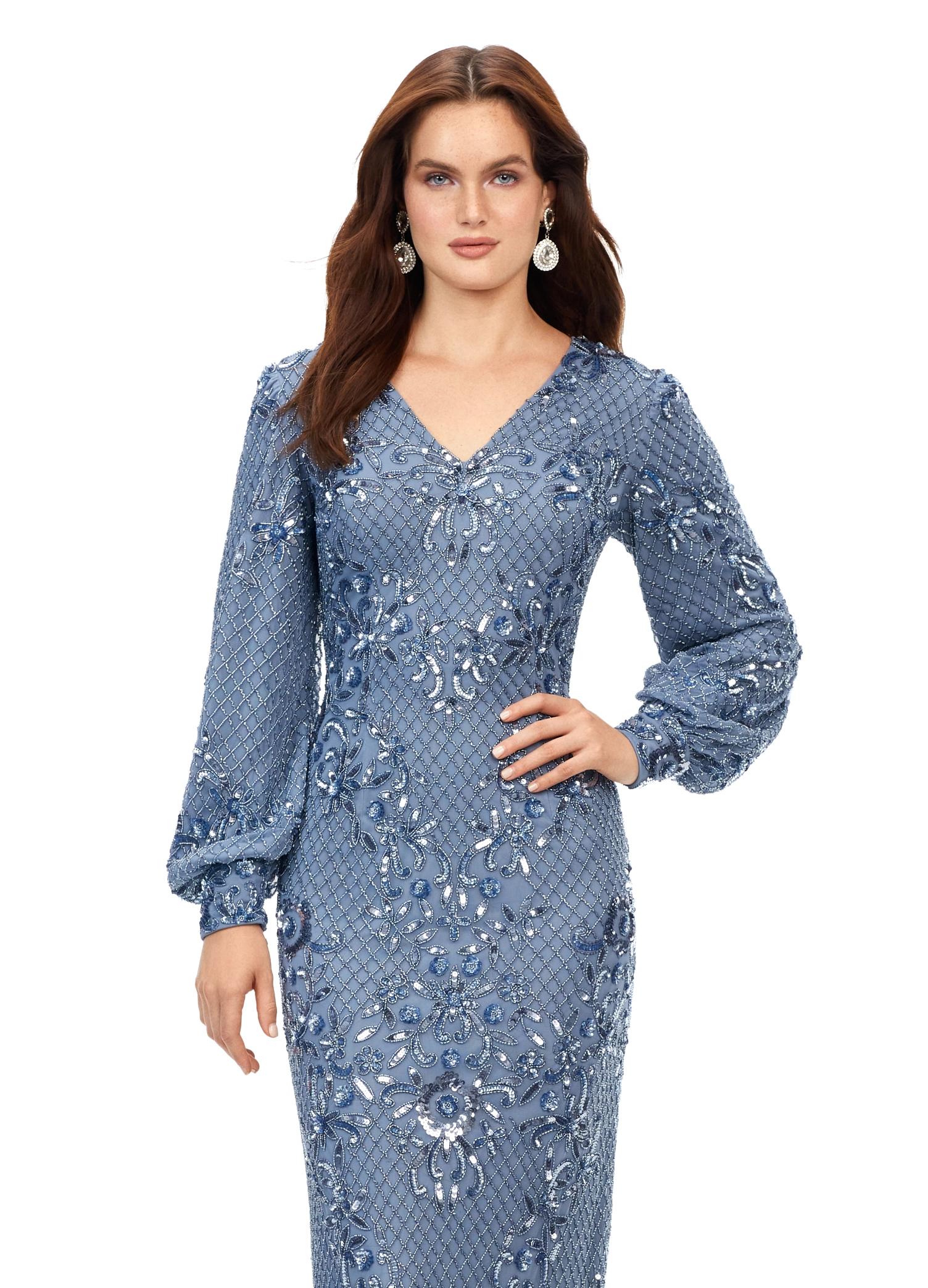 Front. Vintage Blue ASHLEYlauren 11193 Ultra Chic Fully Sequin Gown with Ornate Beading, V-Neckline, Bishop Sleeves, High Zip Back, and Center Back Vent Slit