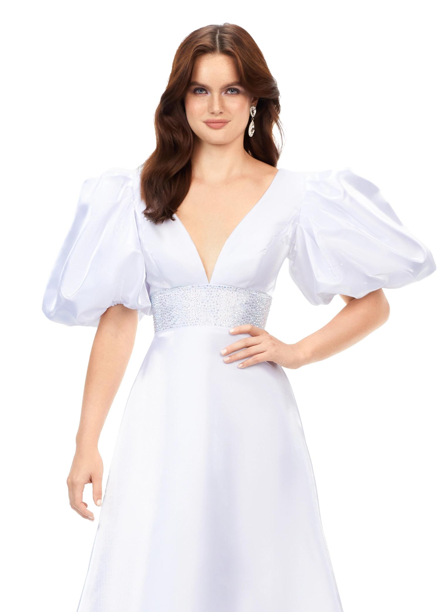 ASHLEYlauren 11379 | White Elegant Shimmer Satin A-Line Gown with V-Neckline, V-Back, Oversized Puff Sleeves, and Heat Set Detailed Waistband