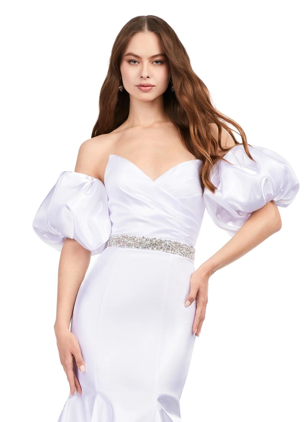 Front. White ASHLEYlauren 11419 Strapless Satin Gown with Sweetheart Neckline, Voluminous Puff Sleeves, Mermaid Silhouette, and Sparkling Jeweled Belt