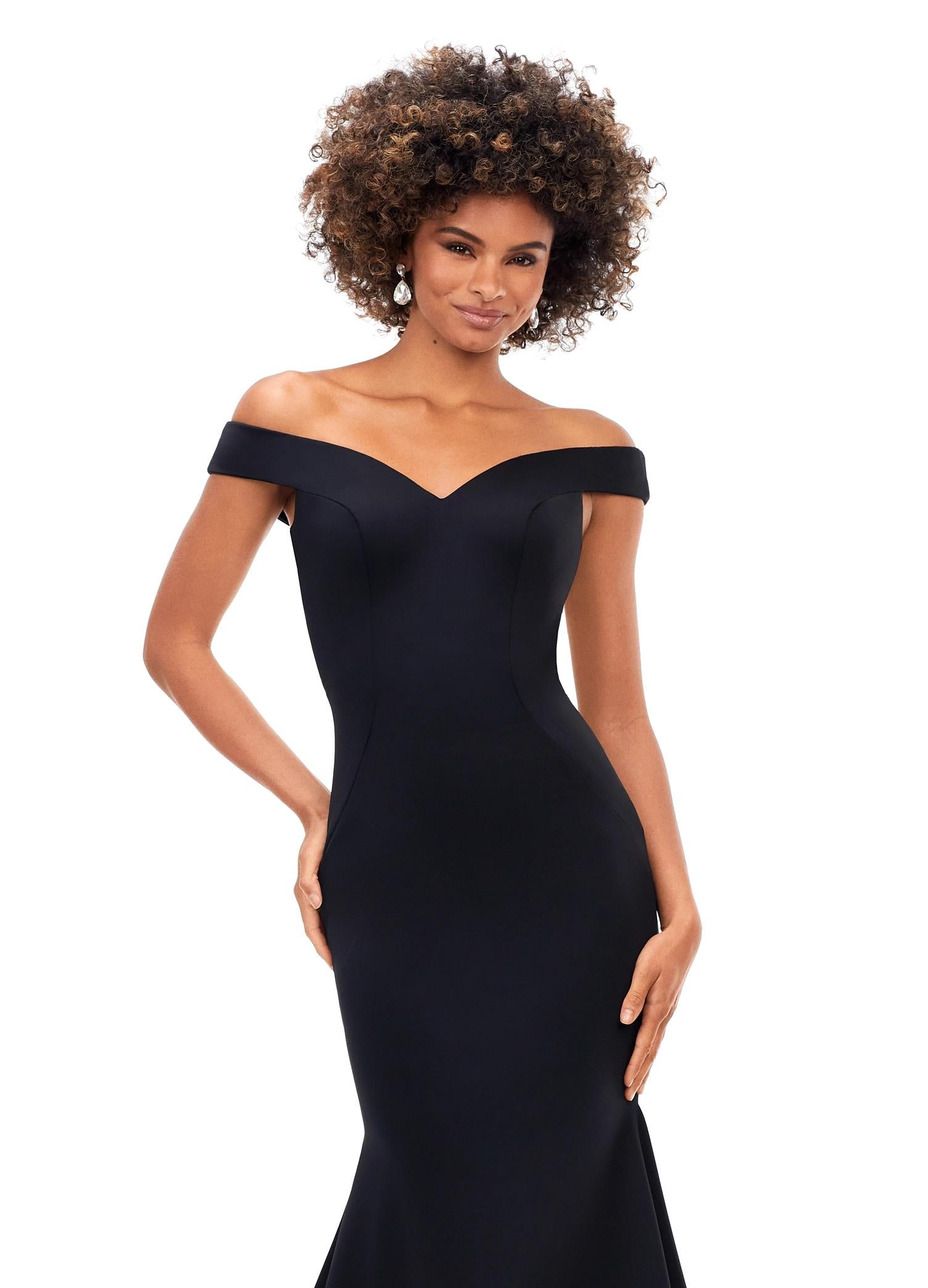 Front - Black ASHLEYlauren 11025 off shoulder scuba gown featuring a sweetheart neckline, signature crisscross strappy back, fitted silhouette, and a sweep train for an elegant and sophisticated look. 