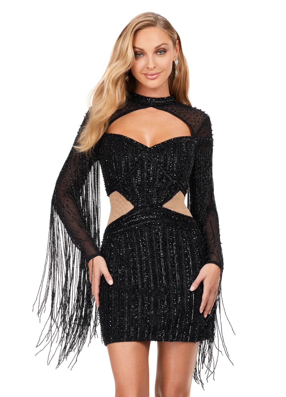 Front - Black ASHLEYlauren 4601 fully beaded cocktail dress featuring a sweetheart neckline, illusion cut outs at the waist, open back, fitted skirt, and long sleeves with fringe for a dramatic and show-stopping look.