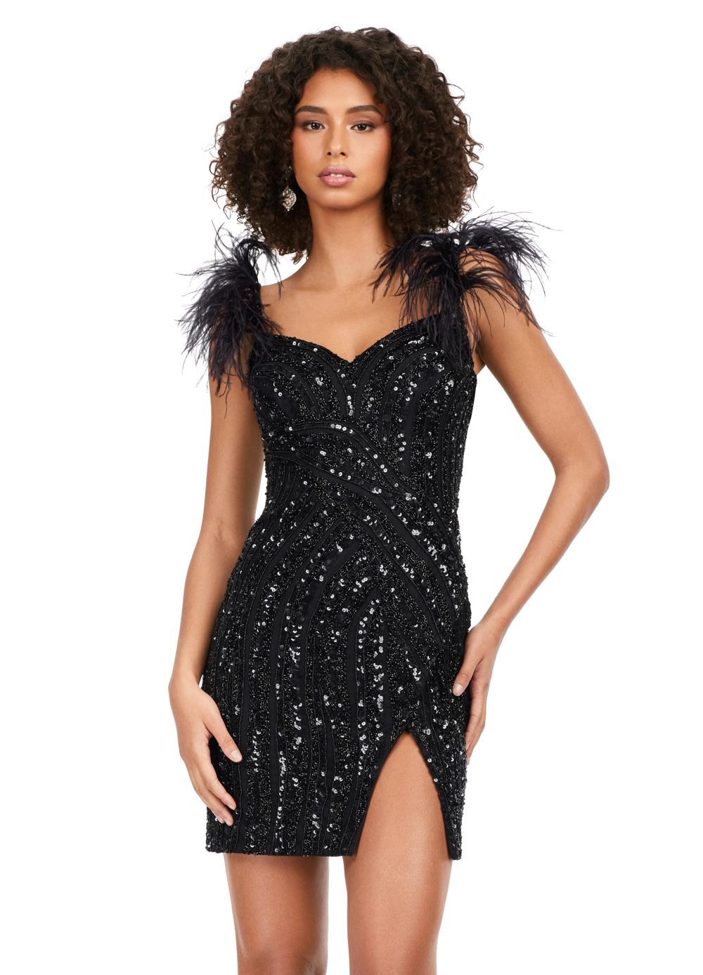 Front - Black ASHLEYlauren 4626 fully beaded cocktail dress featuring a sweetheart neckline, feather-detailed straps, intricate beadwork, and a wrap skirt for a bold and show-stopping look.