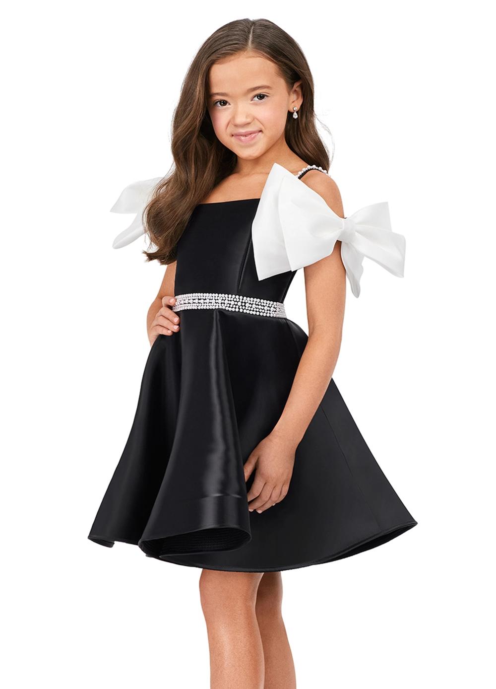 Front - Black/Ivory ASHLEYlauren Kids 8223 Off Shoulder Phantom Satin Dress with Pearl Belt and Bow Sleeves