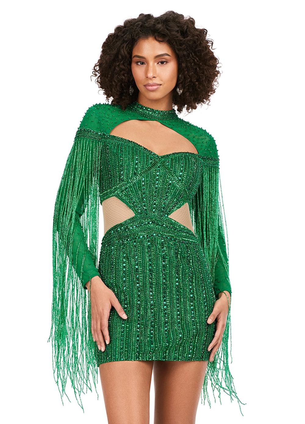 Front - Emerald ASHLEYlauren 4601 fully beaded cocktail dress featuring a sweetheart neckline, illusion cut outs at the waist, open back, fitted skirt, and long sleeves with fringe for a dramatic and show-stopping look.