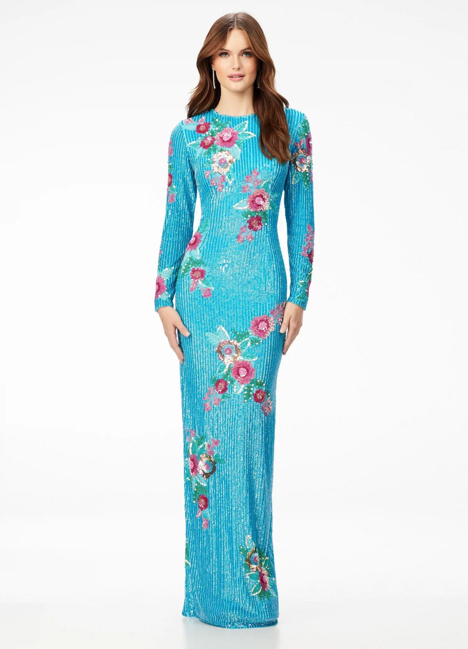 Front - Neon Blue ASHLEYlauren 11203 fully beaded gown featuring a high crew neckline, long sleeves, and an ornately beaded cascading floral pattern with a back vent for an elegant and sophisticated look.