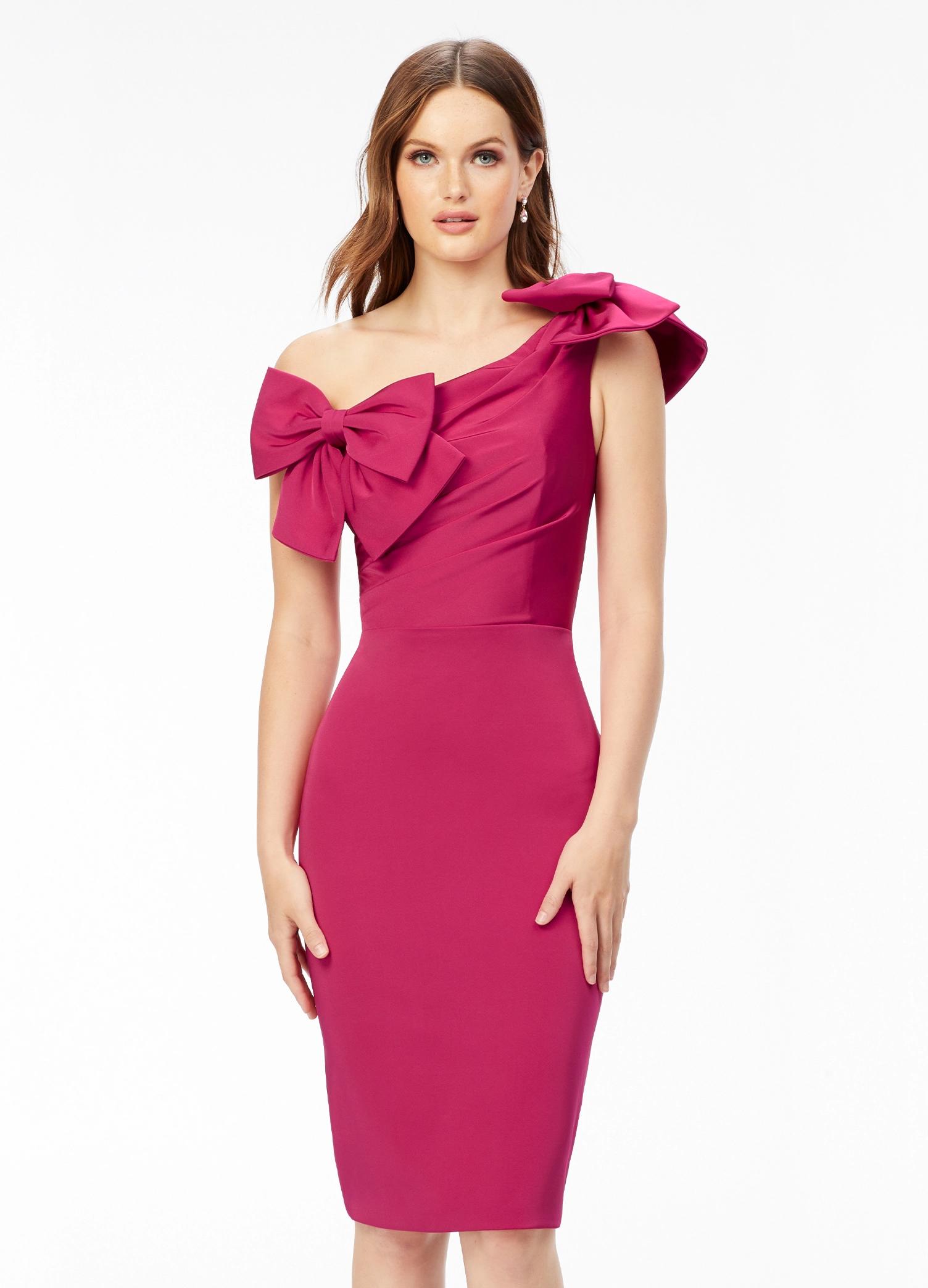 Front - Raspberry ASHLEYlauren 4494 one shoulder cocktail dress featuring asymmetrical ruching, two bow accents, and a fitted mid-length pencil skirt for a sophisticated and stylish look.